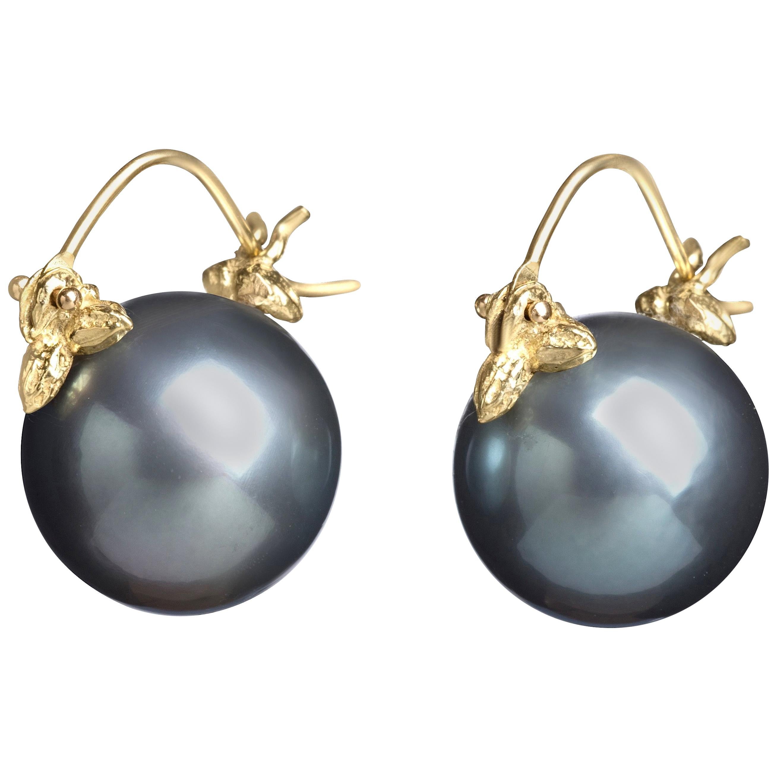 Gabrielle Sanchez Blue-Black Round Tahitian Pearl 18 Karat Flyer Earrings