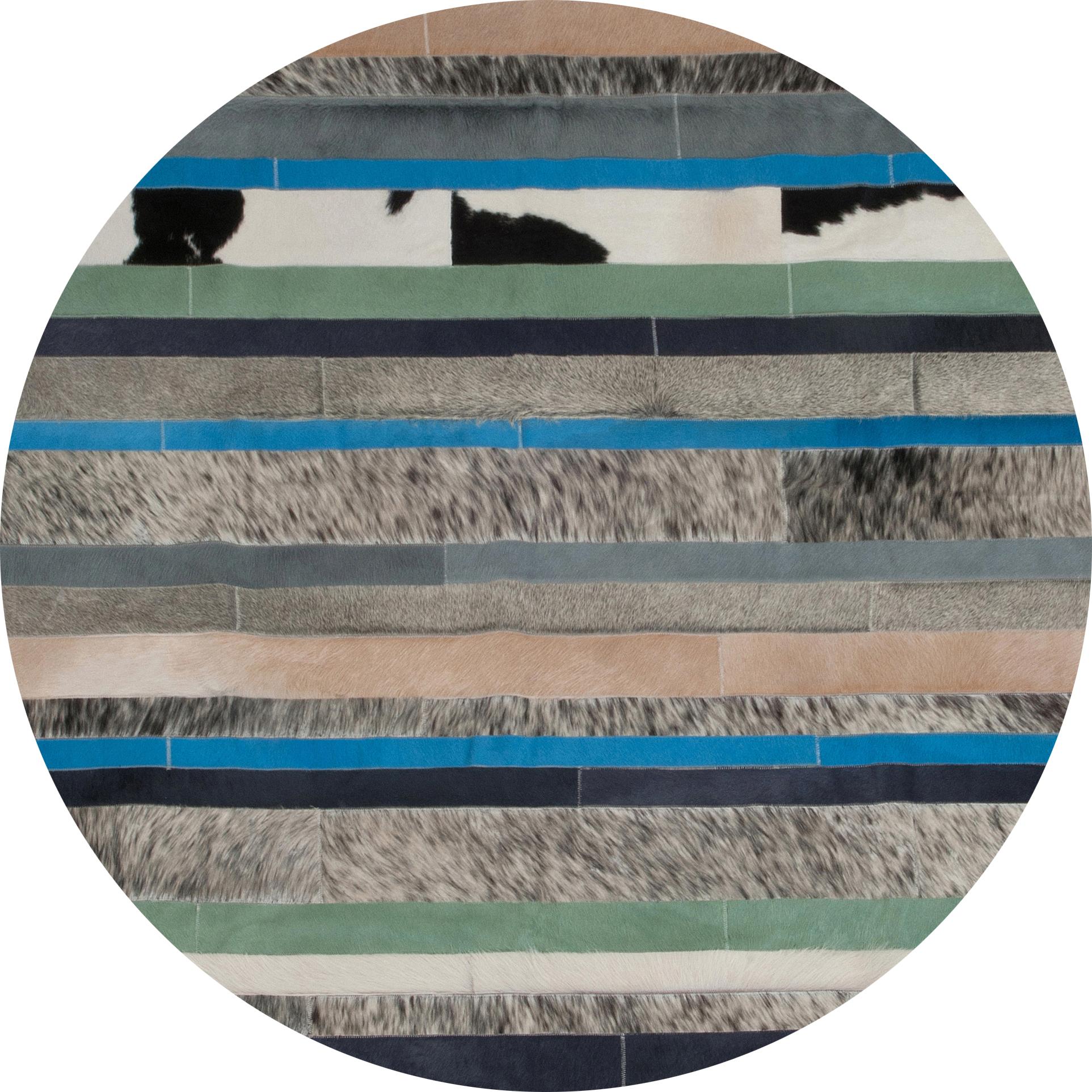 Blauer, blauer, schwarzer und weißer, anpassbarer runder Nueva Raya Rindsleder-Bodenteppich groß (Art déco) im Angebot