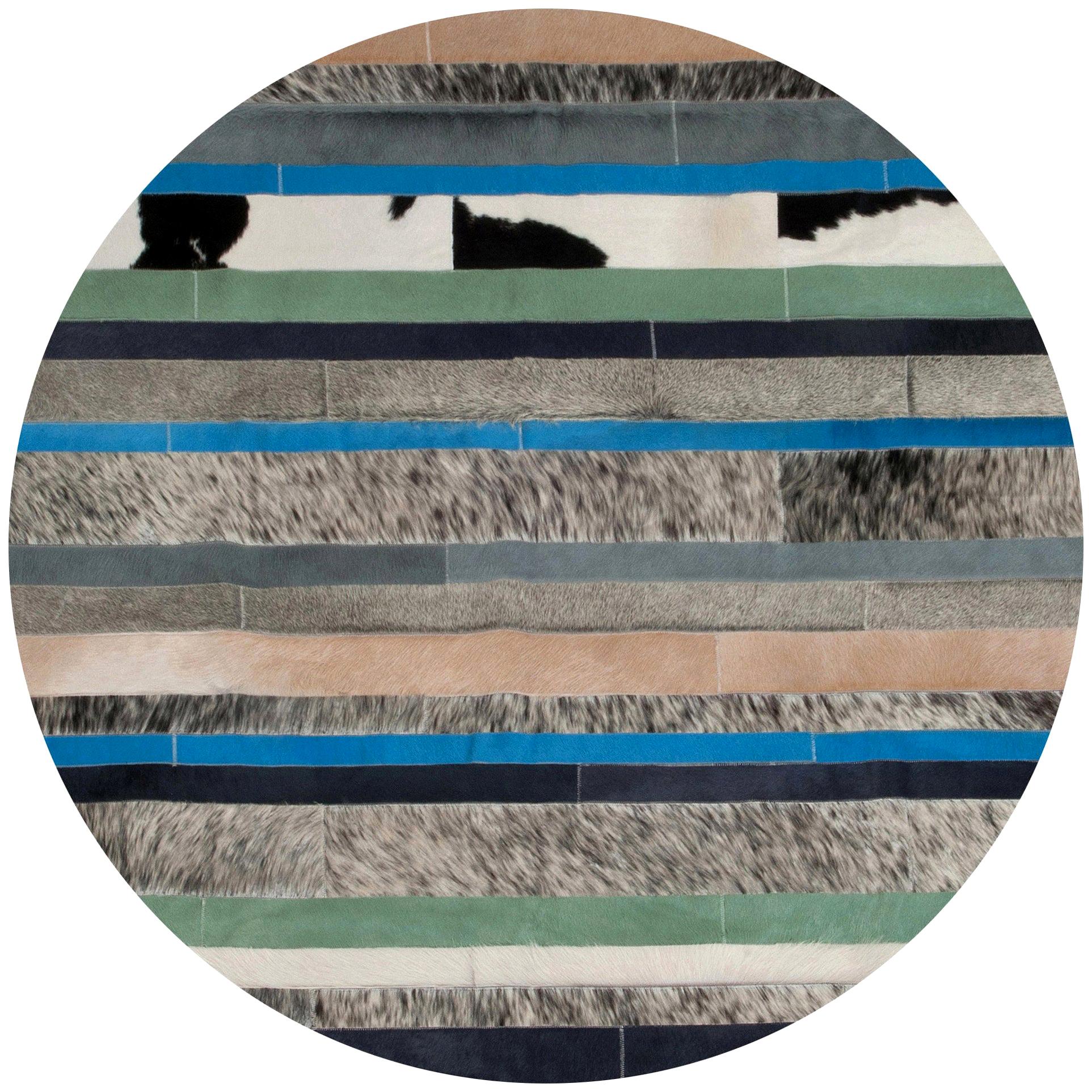 Blue Black & White Customizable Round Nueva Raya Cowhide Area Floor Rug Medium