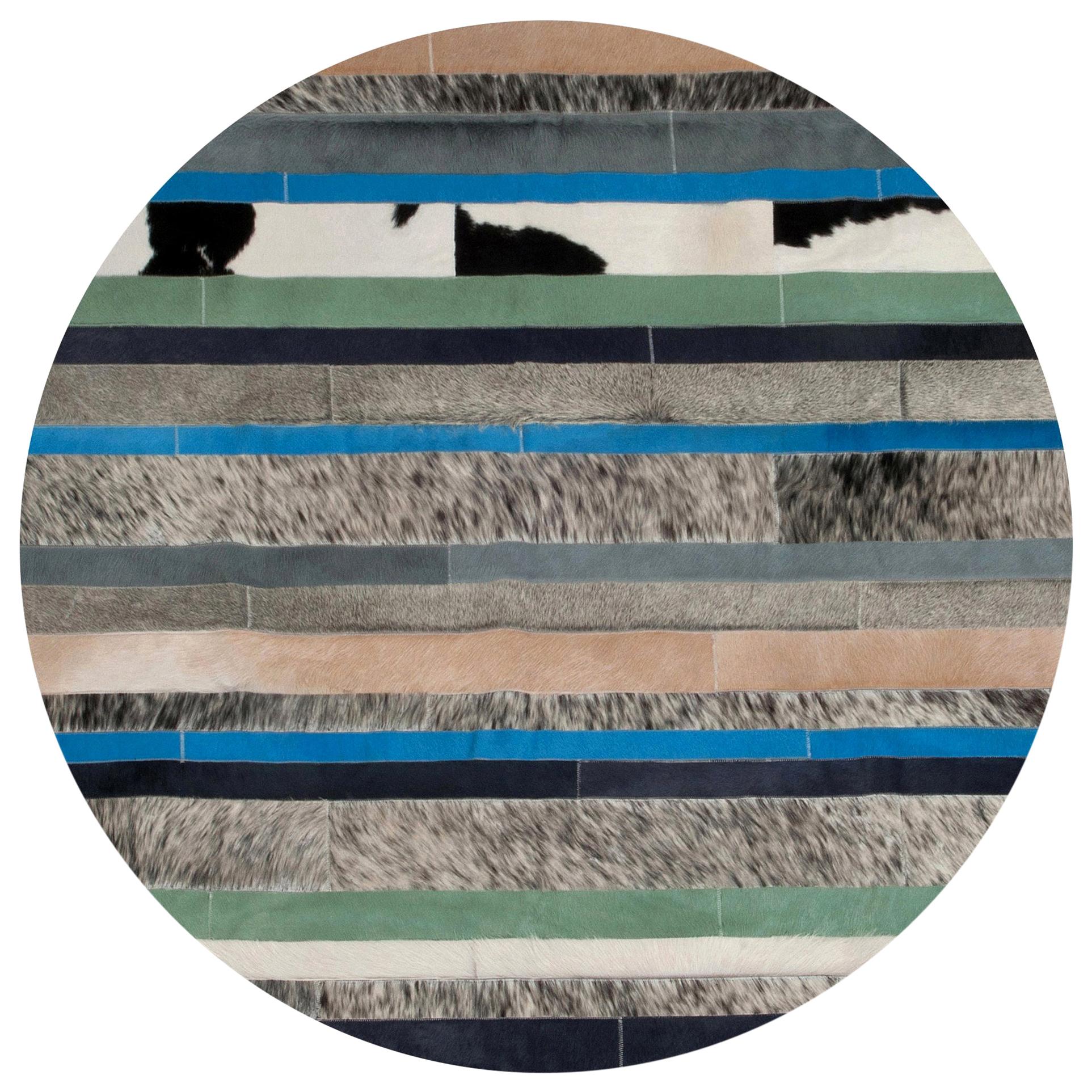 Blue Black & White Customizable Round Nueva Raya Cowhide Area Floor Rug X-Large For Sale