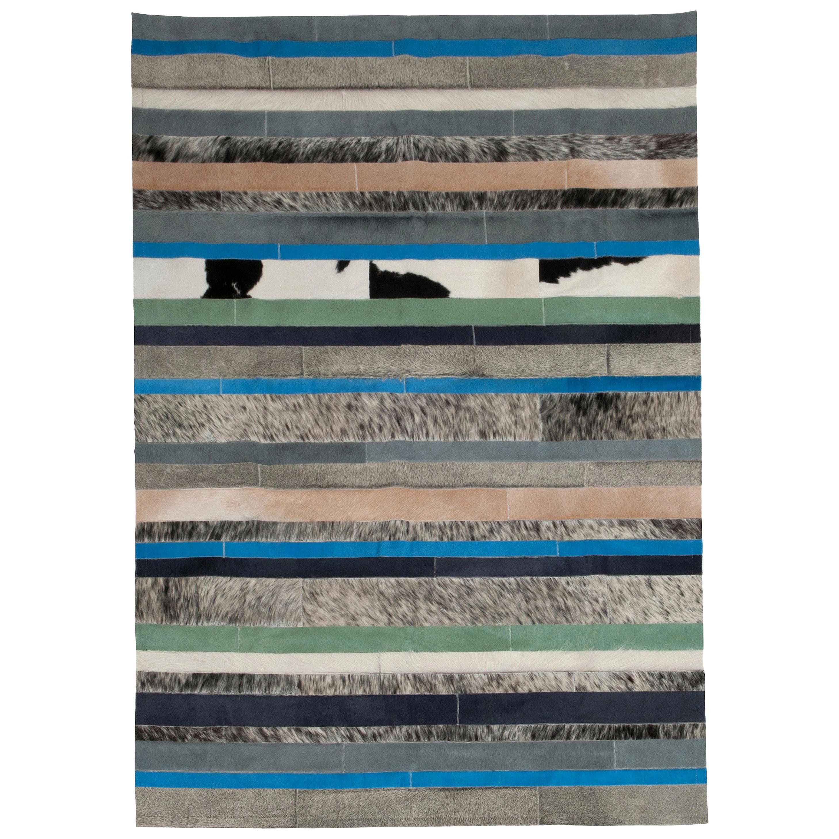 Blue, Black & White Stripes Nueva Raya Customizable Cowhide Area Rug Large