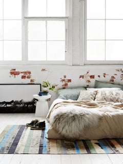 Blue, Black & White Stripes Nueva Raya Customizable Cowhide Area Rug Medium