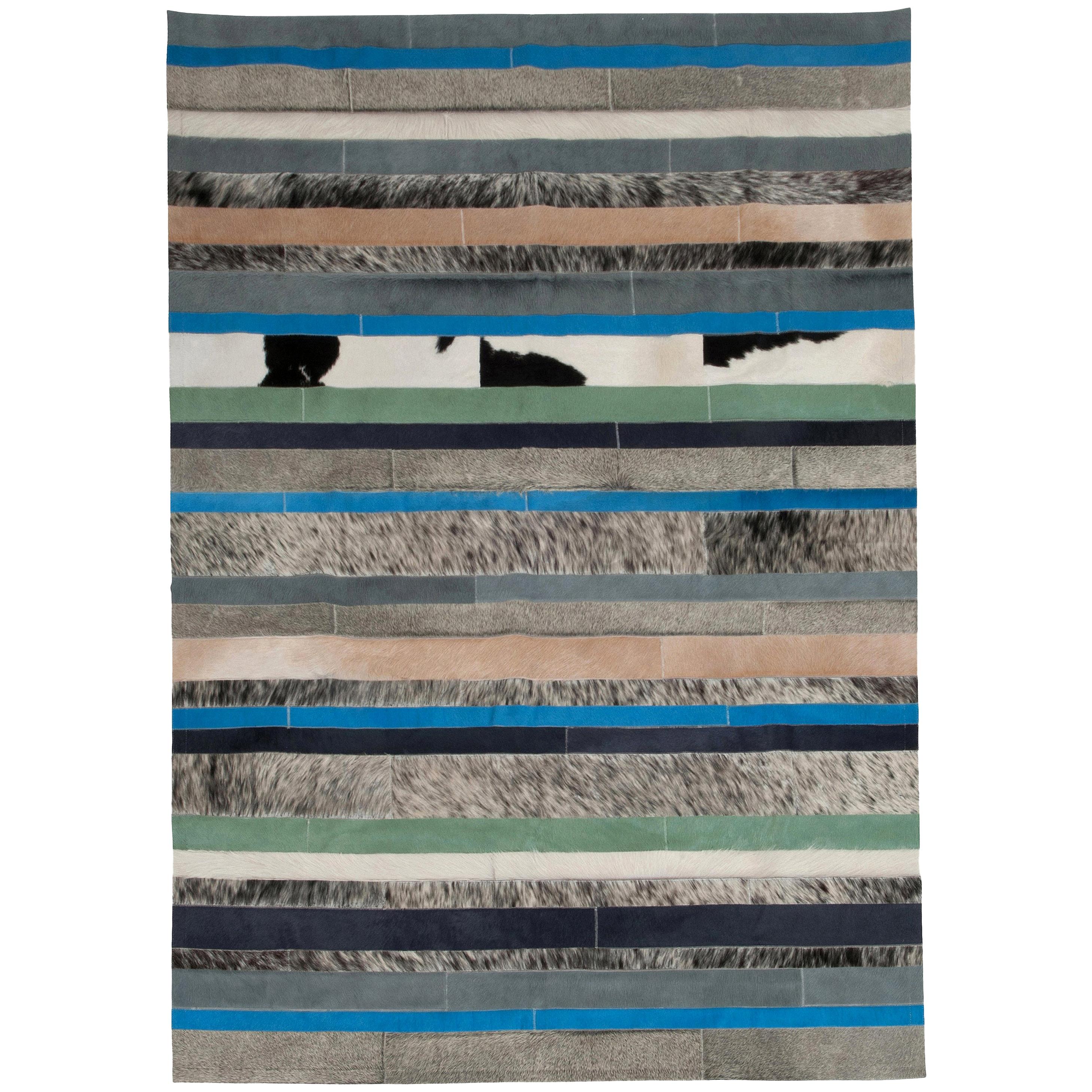 Blue, Black & White Stripes Nueva Raya Customizable Cowhide Area Rug Medium For Sale