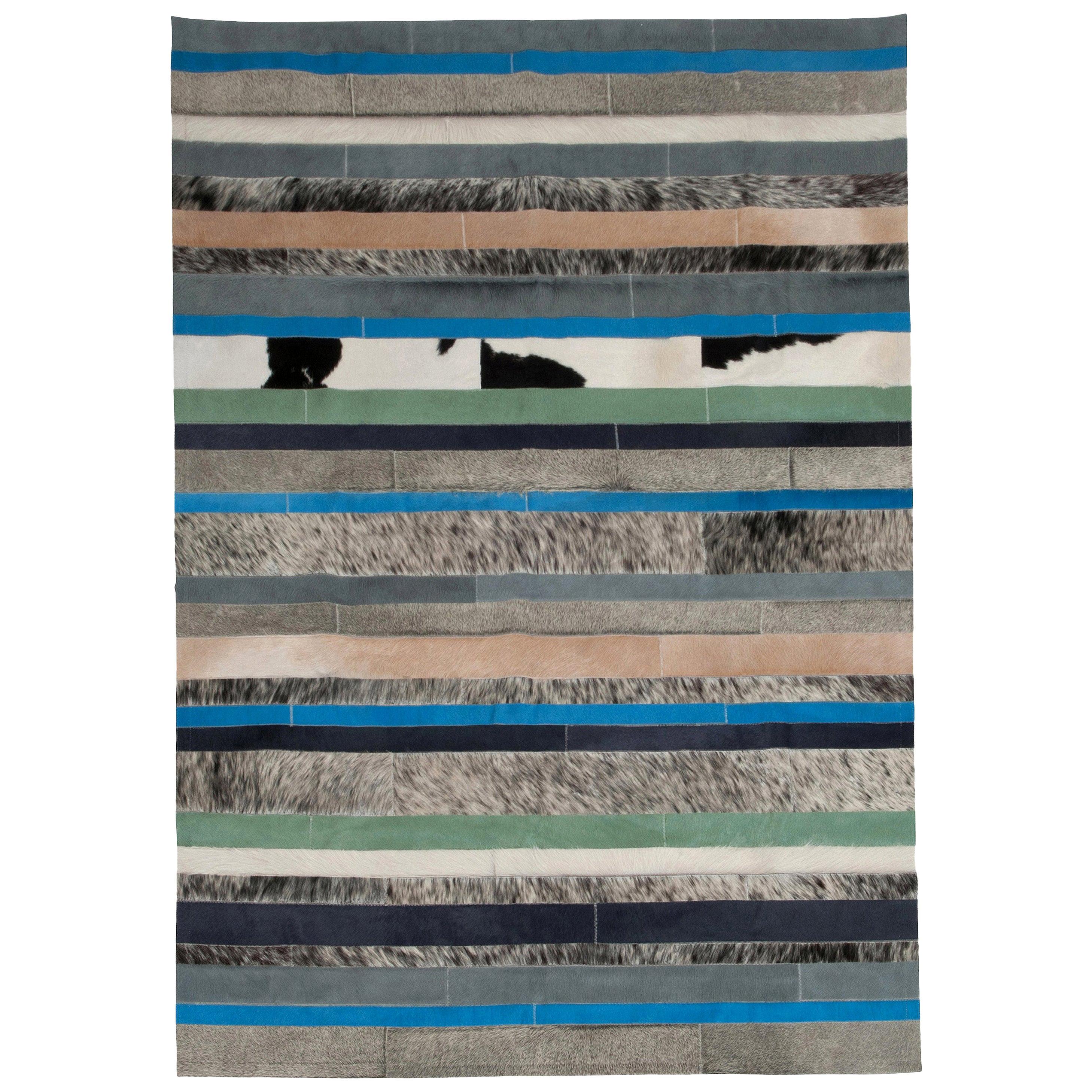 Blue, Black & White Stripes Nueva Raya Customizable Cowhide Area Rug X-Large For Sale