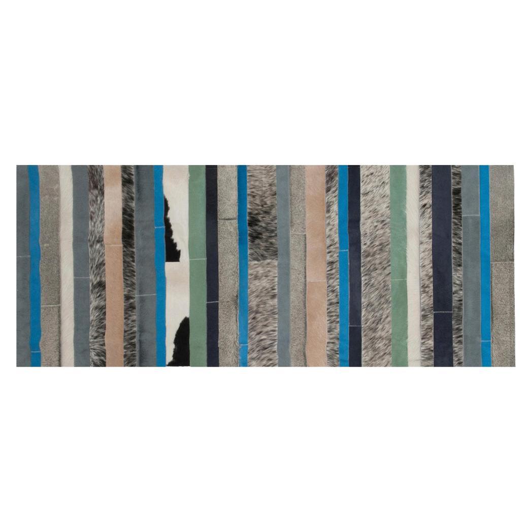 Blue, Black & White Stripes Nueva Raya Customizable Cowhide Runner Medium For Sale