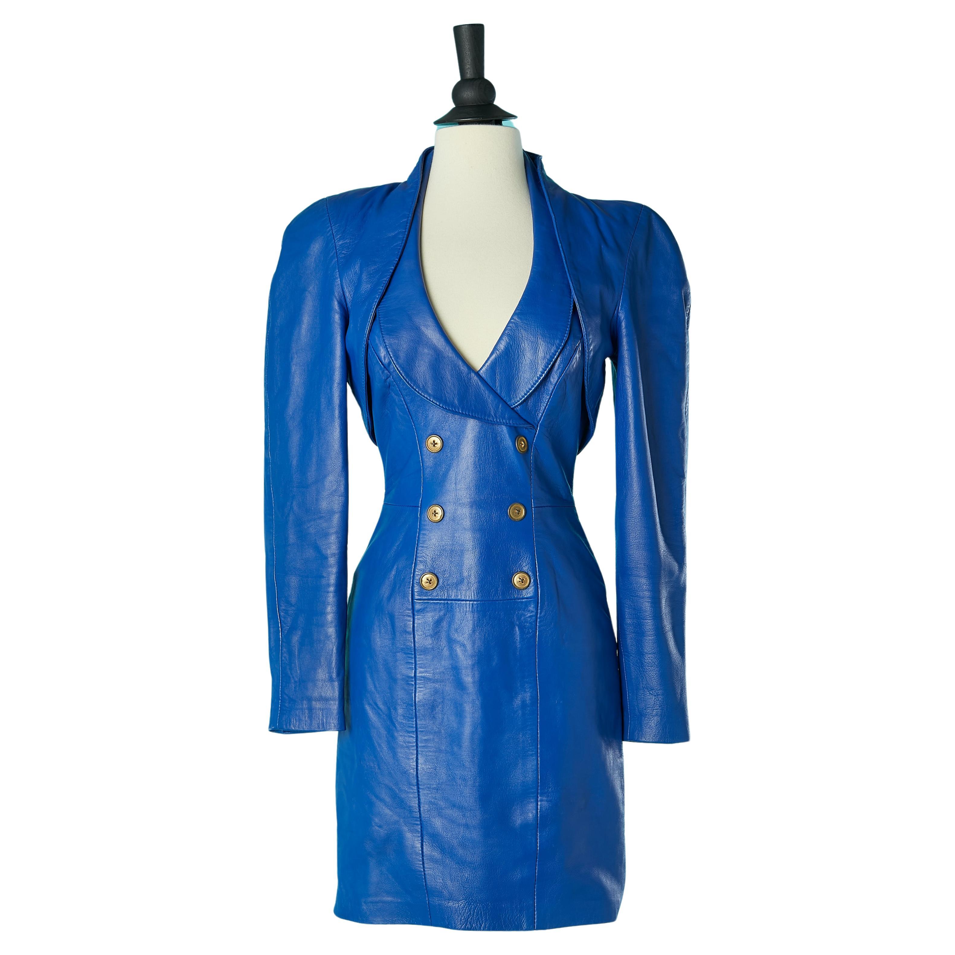 Blue boléro and sleeveless dress ensemble Michael Hoban North Beach Leather  For Sale