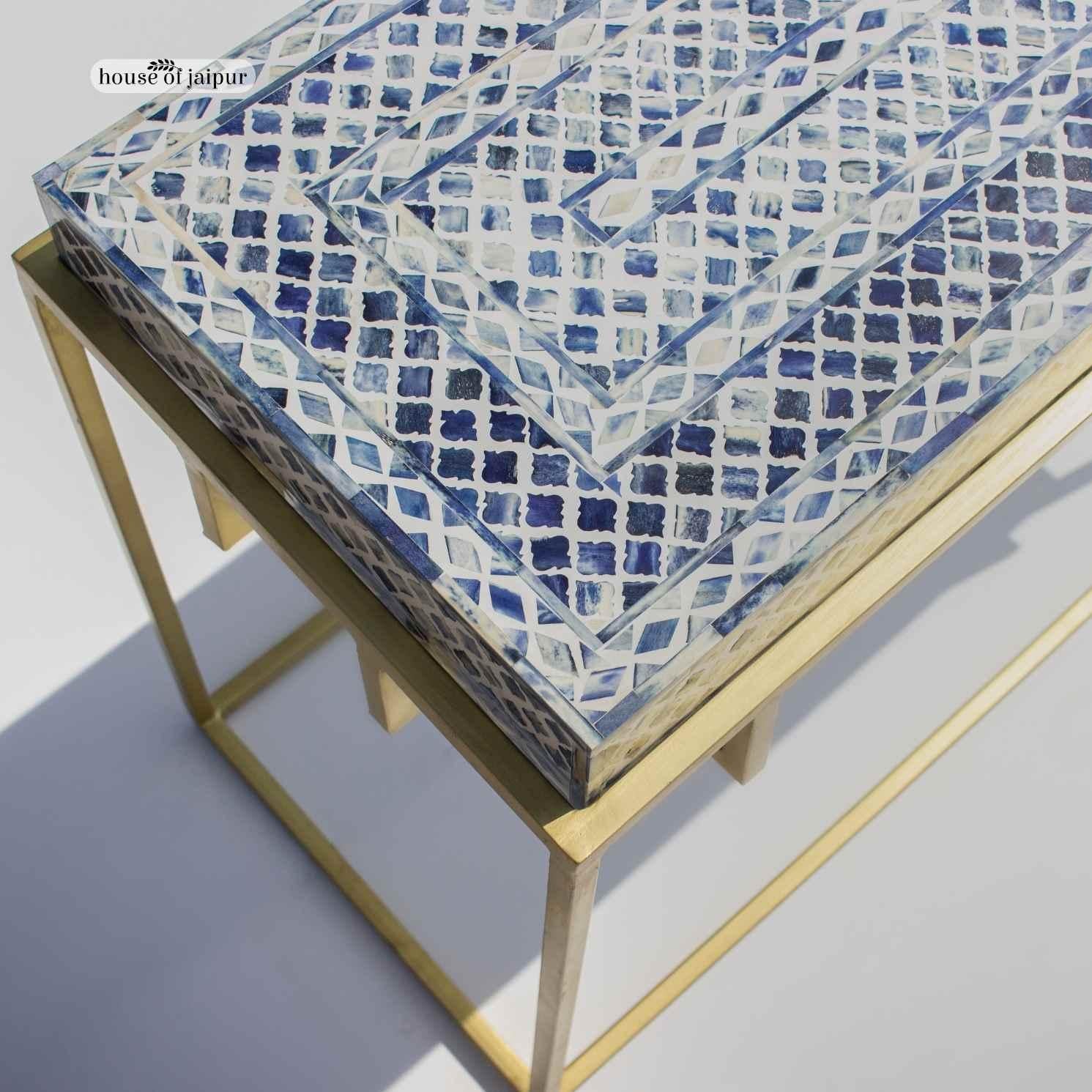 Agra Blue Bone Inlay Console Table - Geometric Pattern by House of Jaipur For Sale