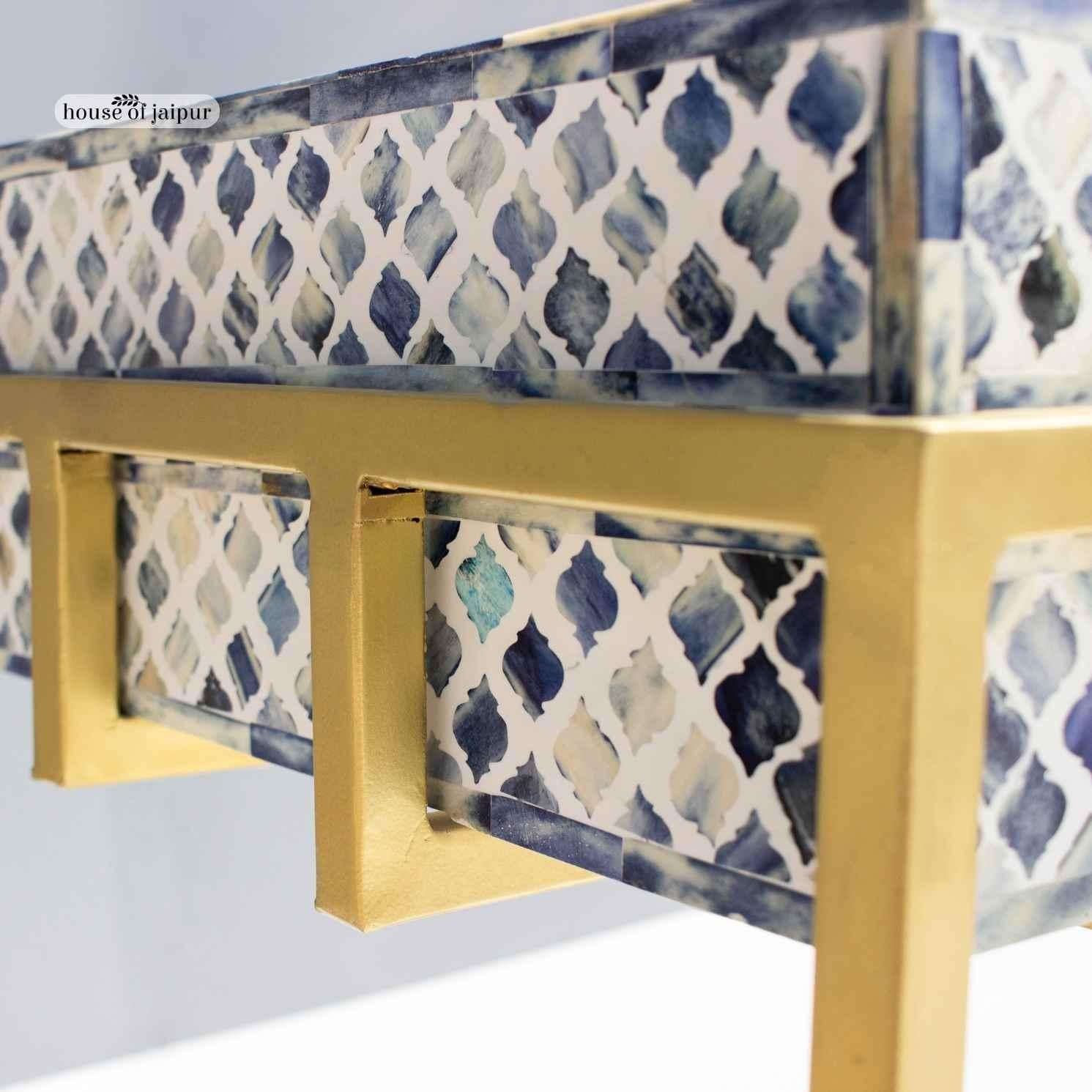 Indian Blue Bone Inlay Console Table - Geometric Pattern by House of Jaipur For Sale