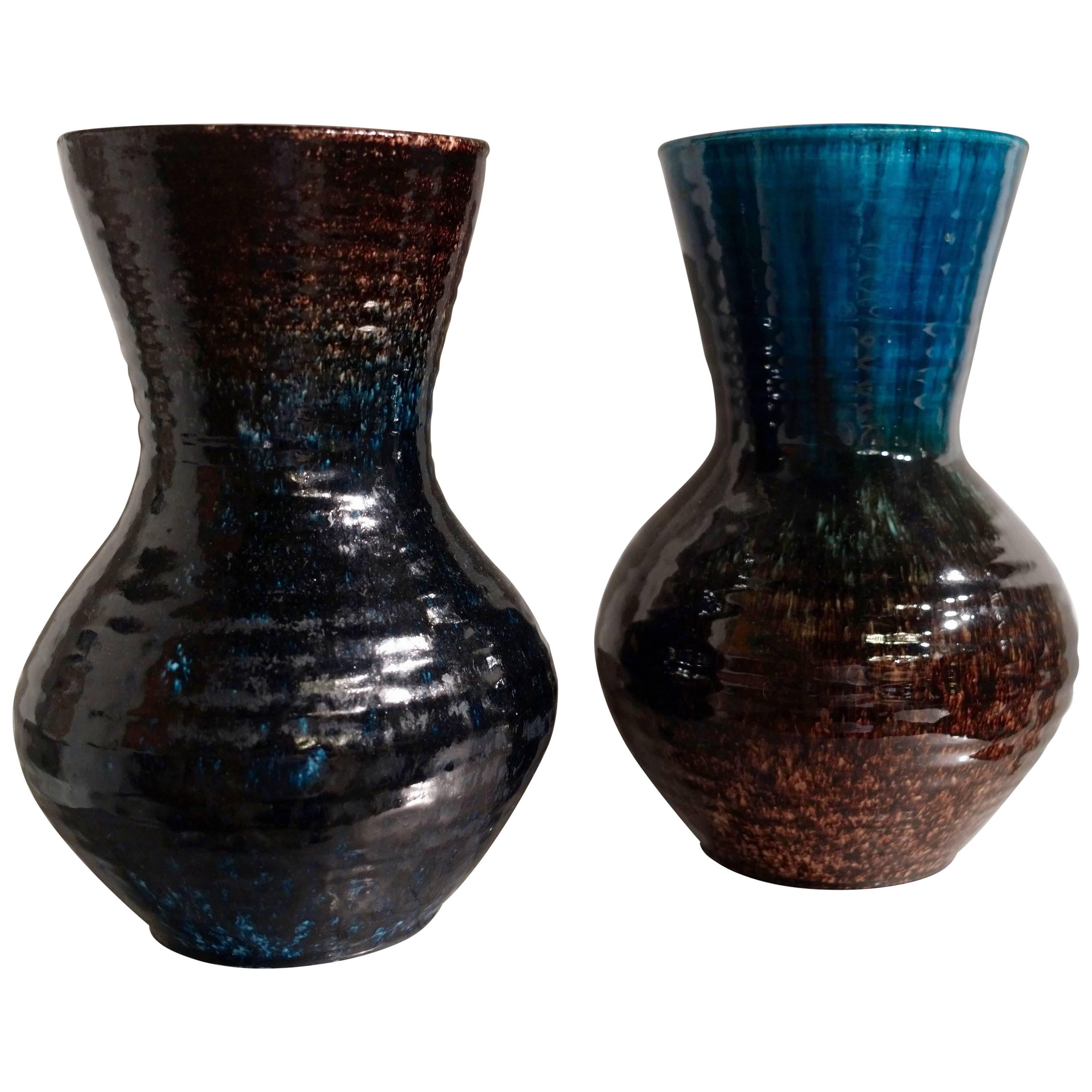 Blue Bordeaux Brown Glaze Pair of Vases by Accolay Pottery, France, circa 1950