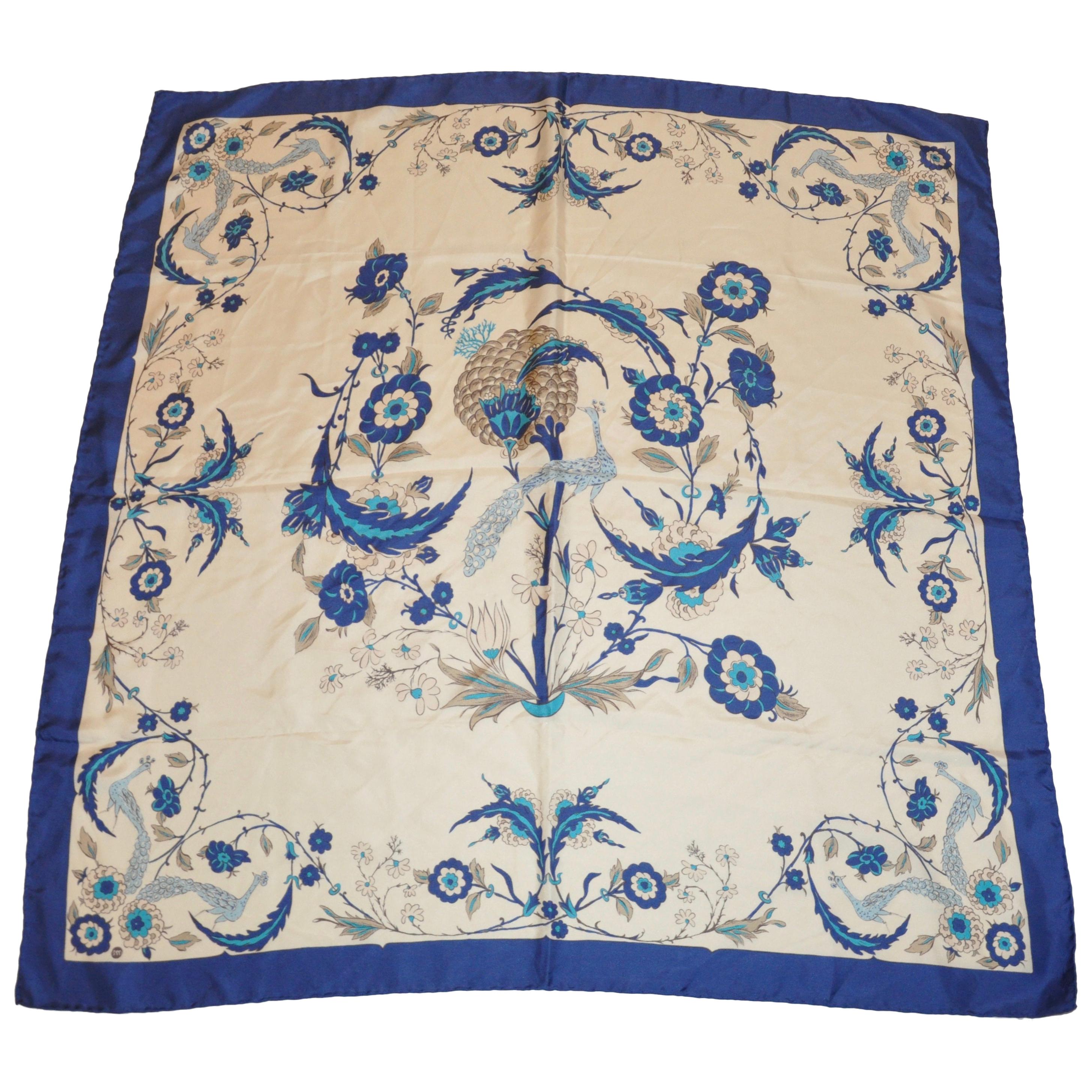 Blue Border "Peacocks Among Floral" Silk Scarf