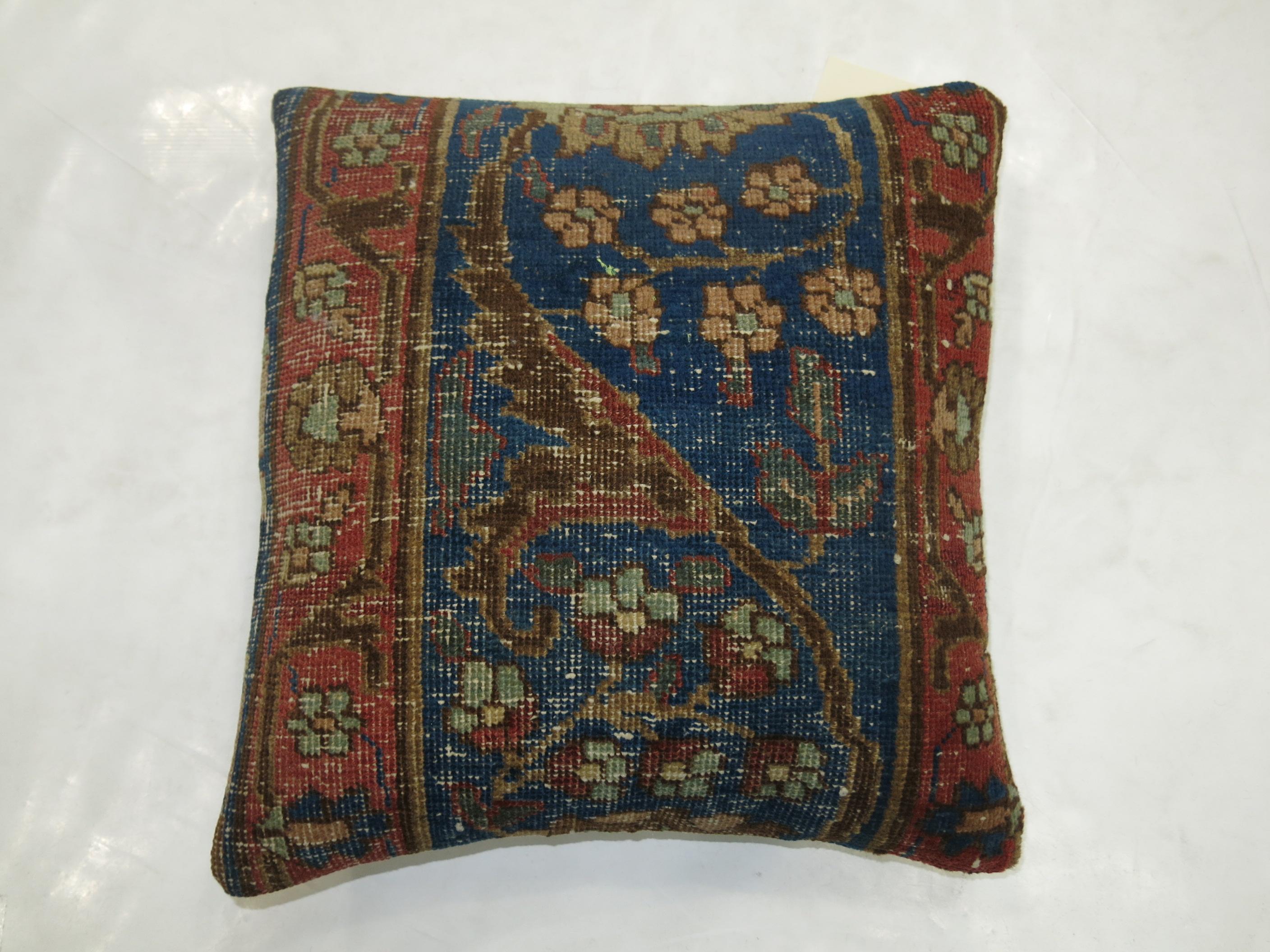 Hand-Woven Blue Border Tabriz Rug Pillow For Sale