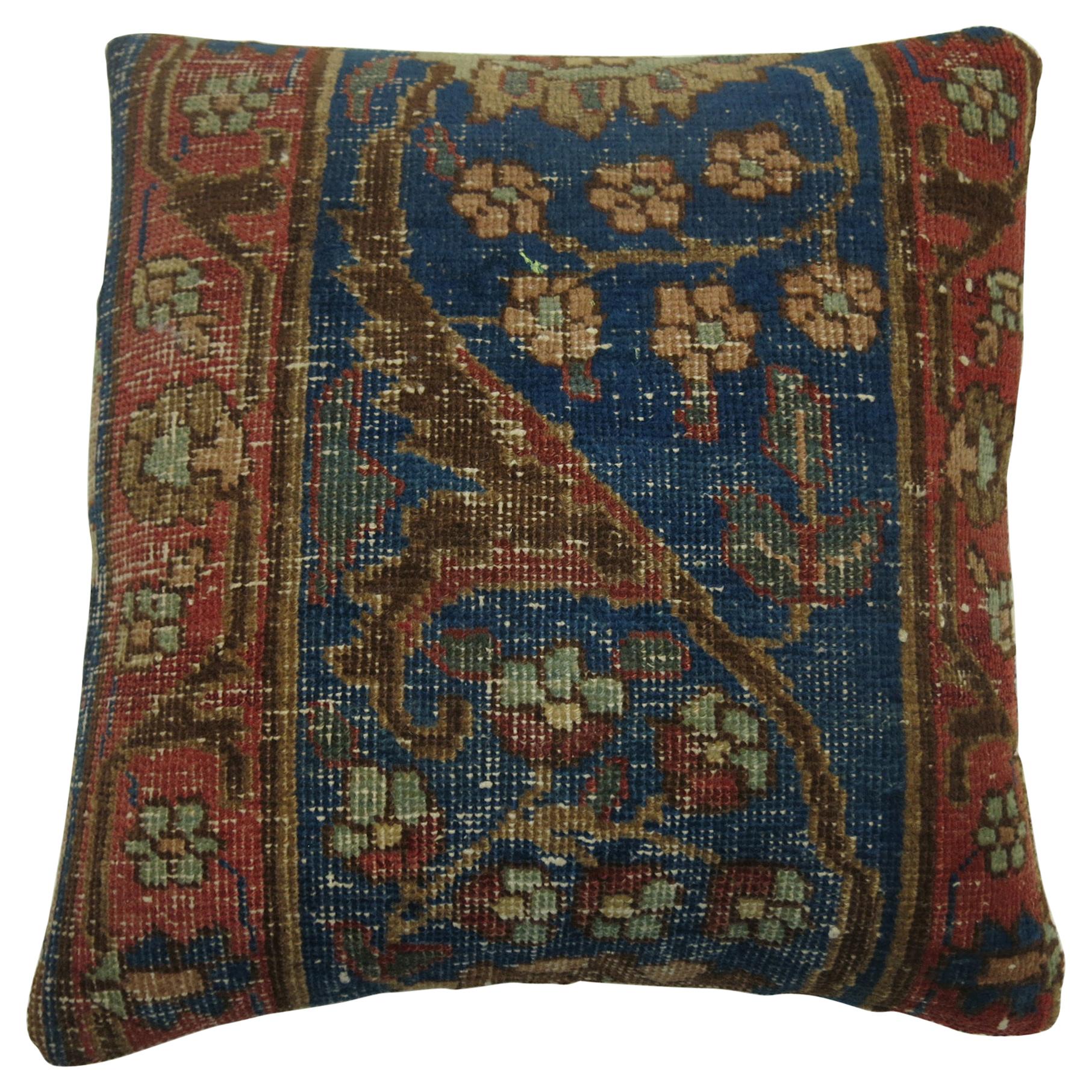 Blue Border Tabriz Rug Pillow For Sale