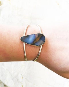 Blue Boulder Opal and Sterling Silver Bezel Set Cuff Bracelet