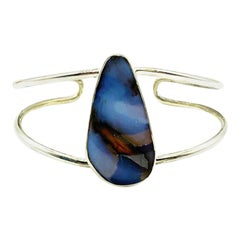 Blue Boulder Opal and Sterling Silver Bezel Set Cuff Bracelet