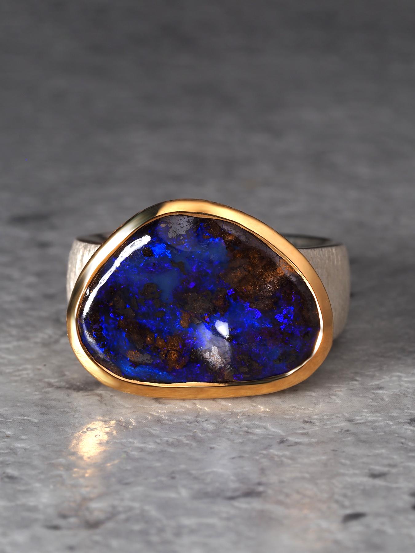 Blau Boulder Opal Silber Ring groß 8,75 Größe Geschenk Opal Jahrestag Hochzeit im Angebot 4