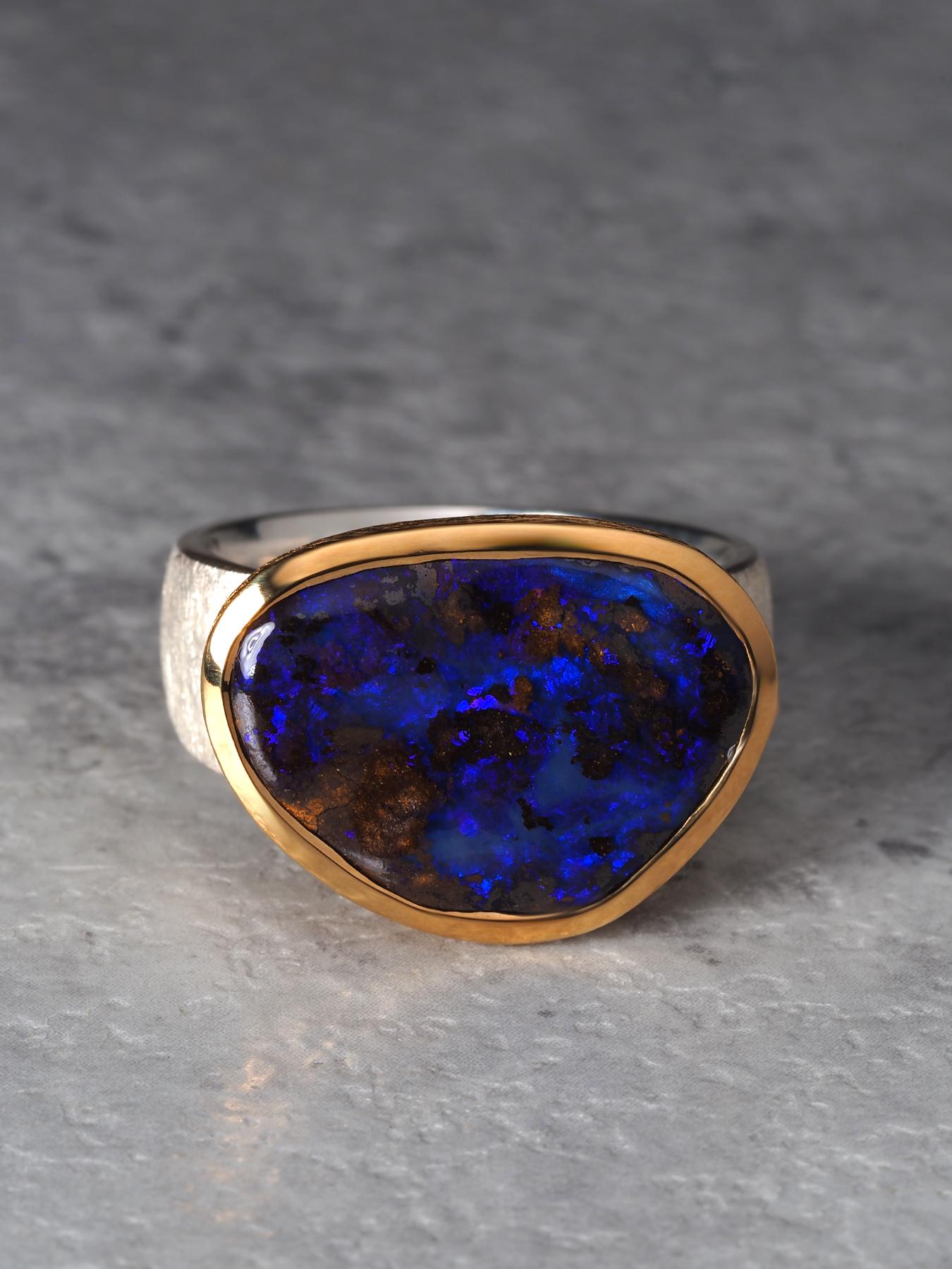 Blau Boulder Opal Silber Ring groß 8,75 Größe Geschenk Opal Jahrestag Hochzeit (Art déco) im Angebot