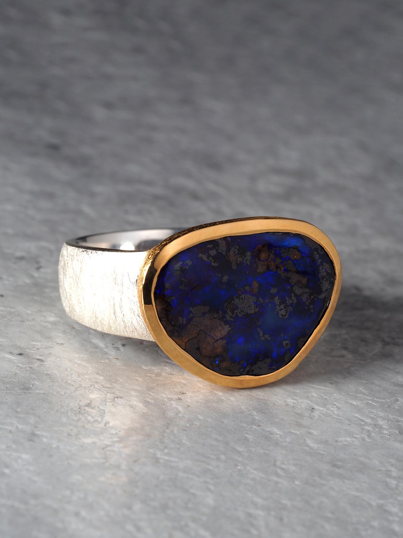 Blau Boulder Opal Silber Ring groß 8,75 Größe Geschenk Opal Jahrestag Hochzeit (Ovalschliff) im Angebot