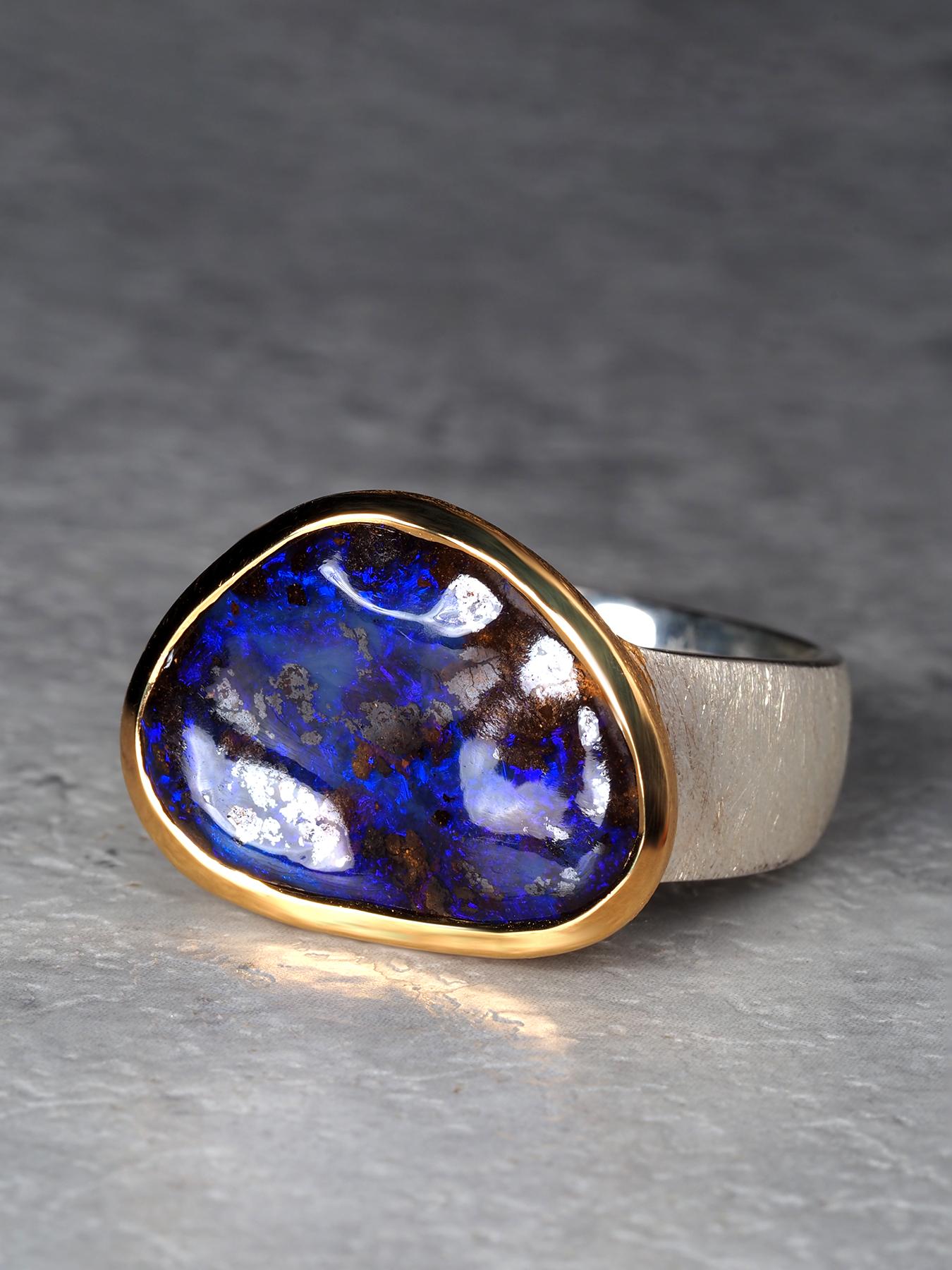 Blau Boulder Opal Silber Ring groß 8,75 Größe Geschenk Opal Jahrestag Hochzeit für Damen oder Herren im Angebot