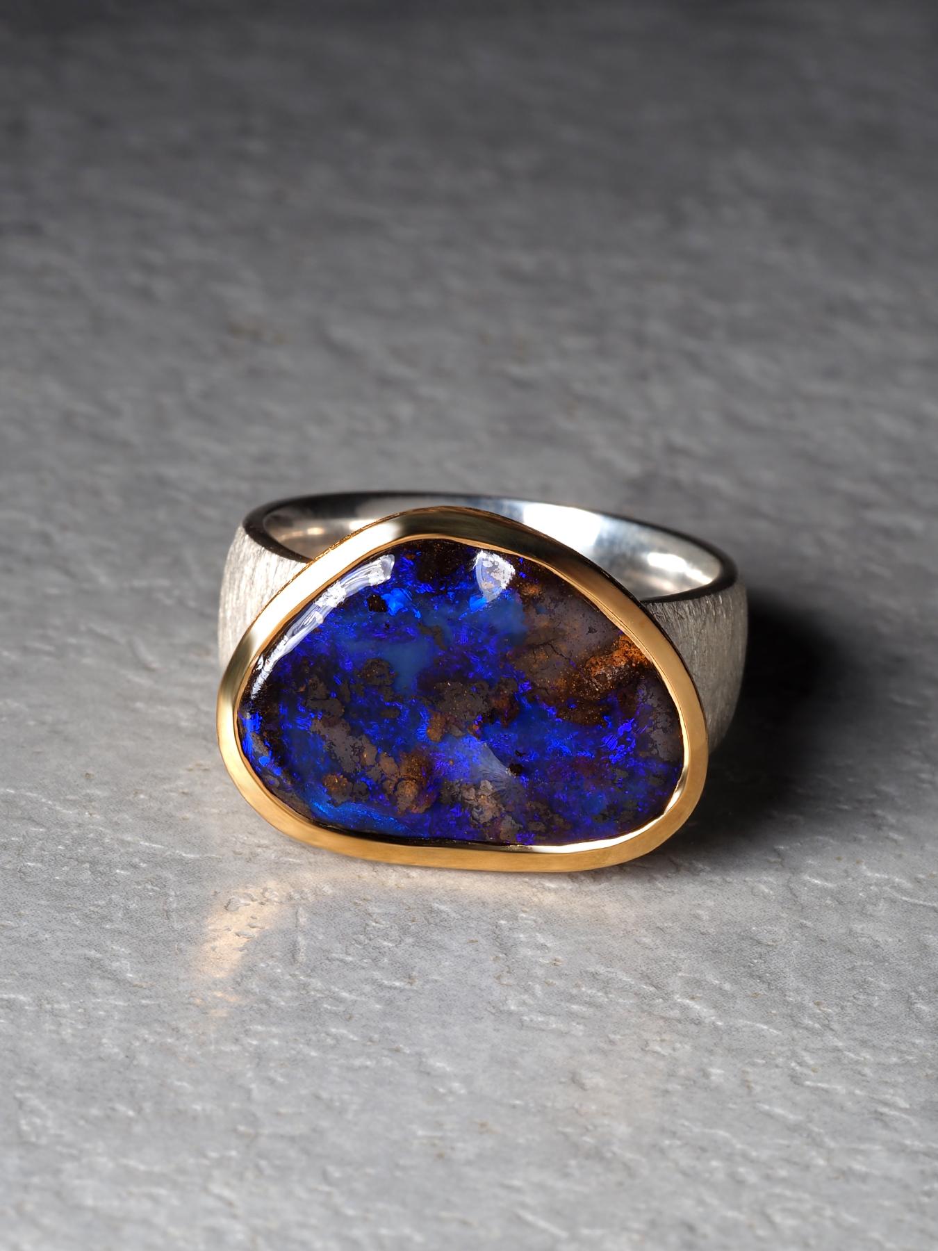 Blau Boulder Opal Silber Ring groß 8,75 Größe Geschenk Opal Jahrestag Hochzeit im Angebot 2