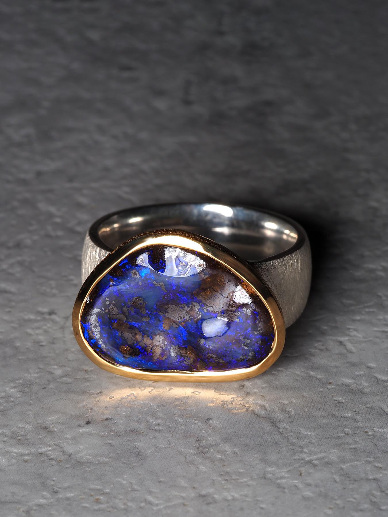 Blau Boulder Opal Silber Ring groß 8,75 Größe Geschenk Opal Jahrestag Hochzeit im Angebot 3