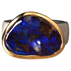 Blau Boulder Opal Silber Ring groß 8,75 Größe Geschenk Opal Jahrestag Hochzeit