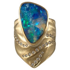 Blue Boulder Opal Textured 18 Karat Yellow Gold Bold Ring with Diamonds K.Mita