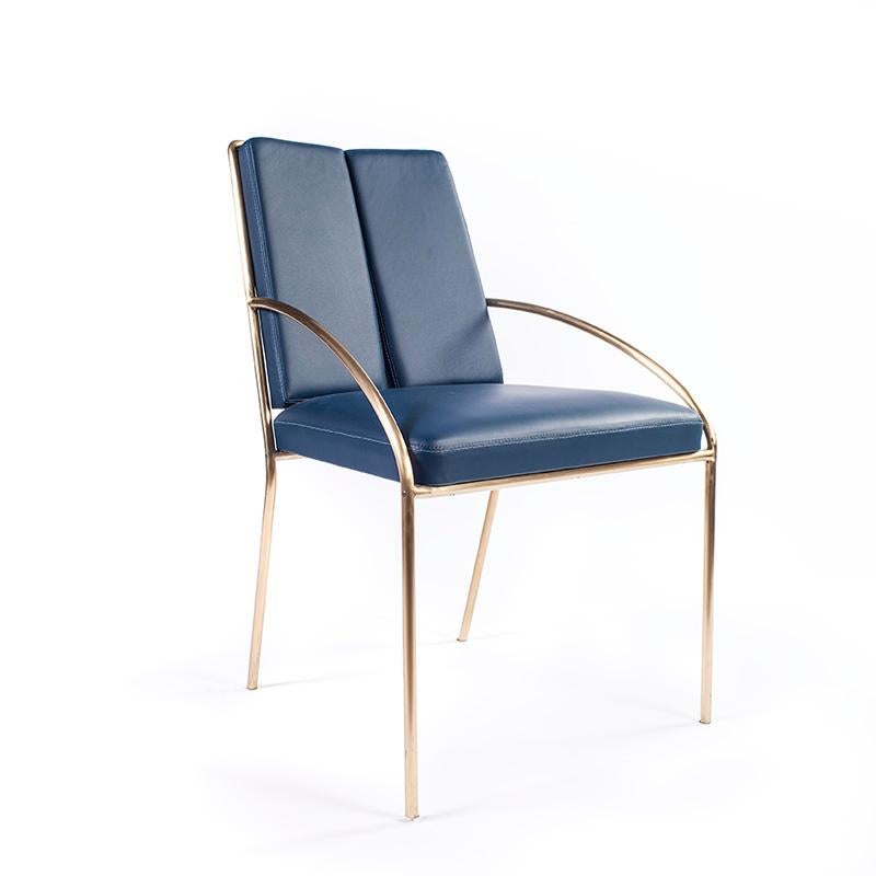 Blue brass chair by Atelier Thomas Formont
Design: Thomas Formont
Materials: Solid brass, brushed and varnished
 King blue full grain leather
Dimensions: 85.5 H x 53.5 L x 56 D cm
 SH: 450 mm

16 mm solid brass armchair, brushed and varnished