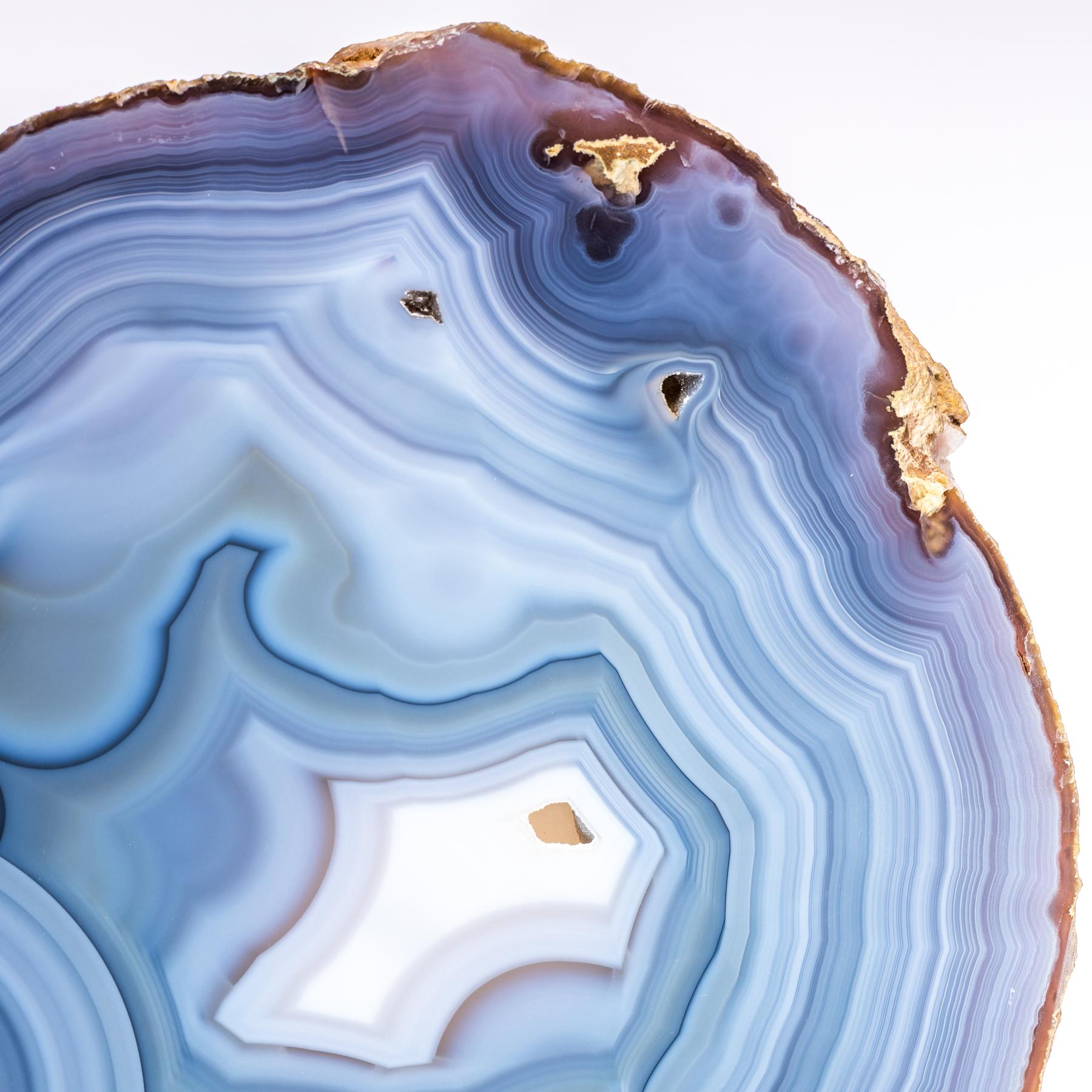 Contemporary Blue Brazilian Circular Agate Slab with Crystals on a Custom Acrylic Stand