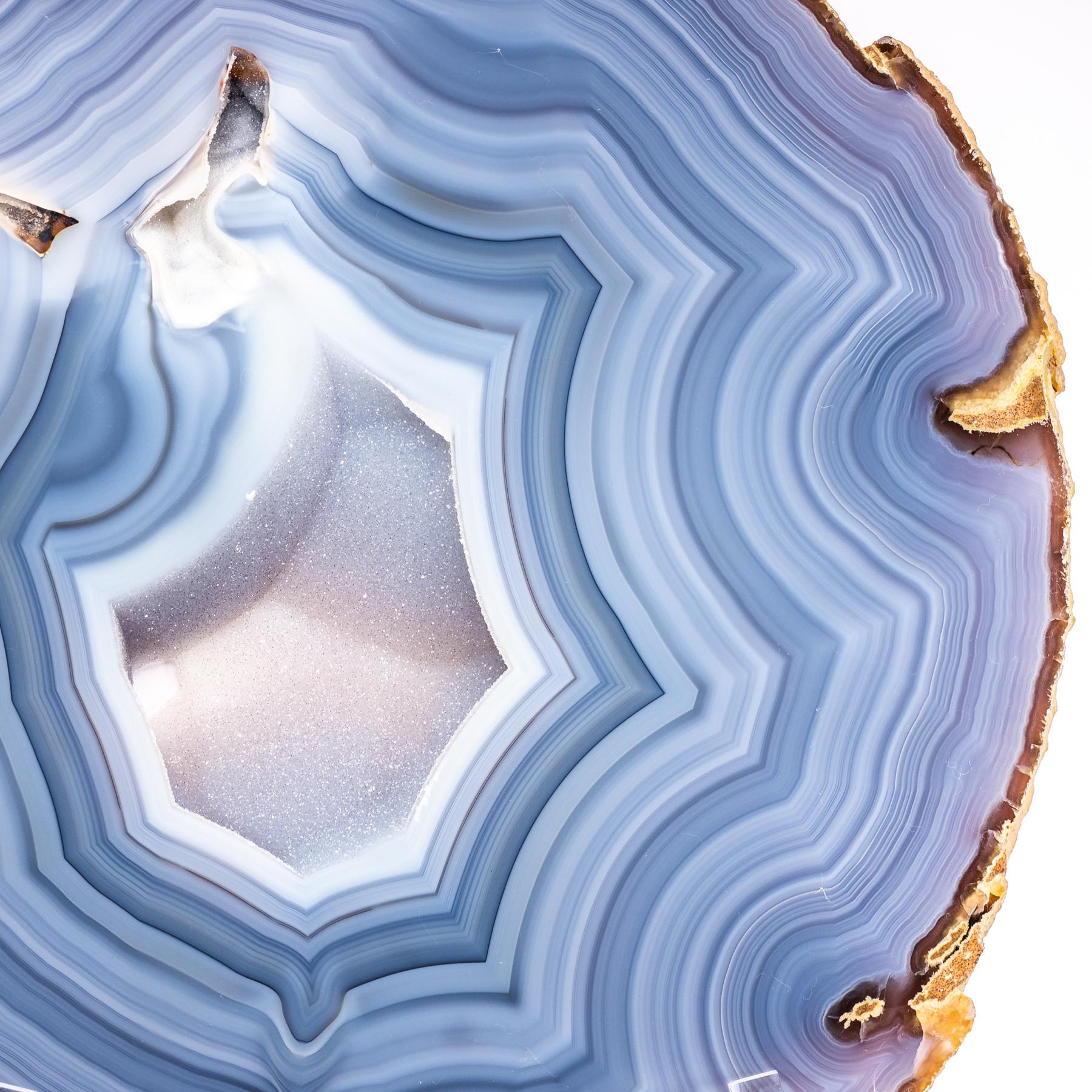 Organic Modern Blue Brazilian Circular Agate Slab with Crystals on a Custom Acrylic Stand