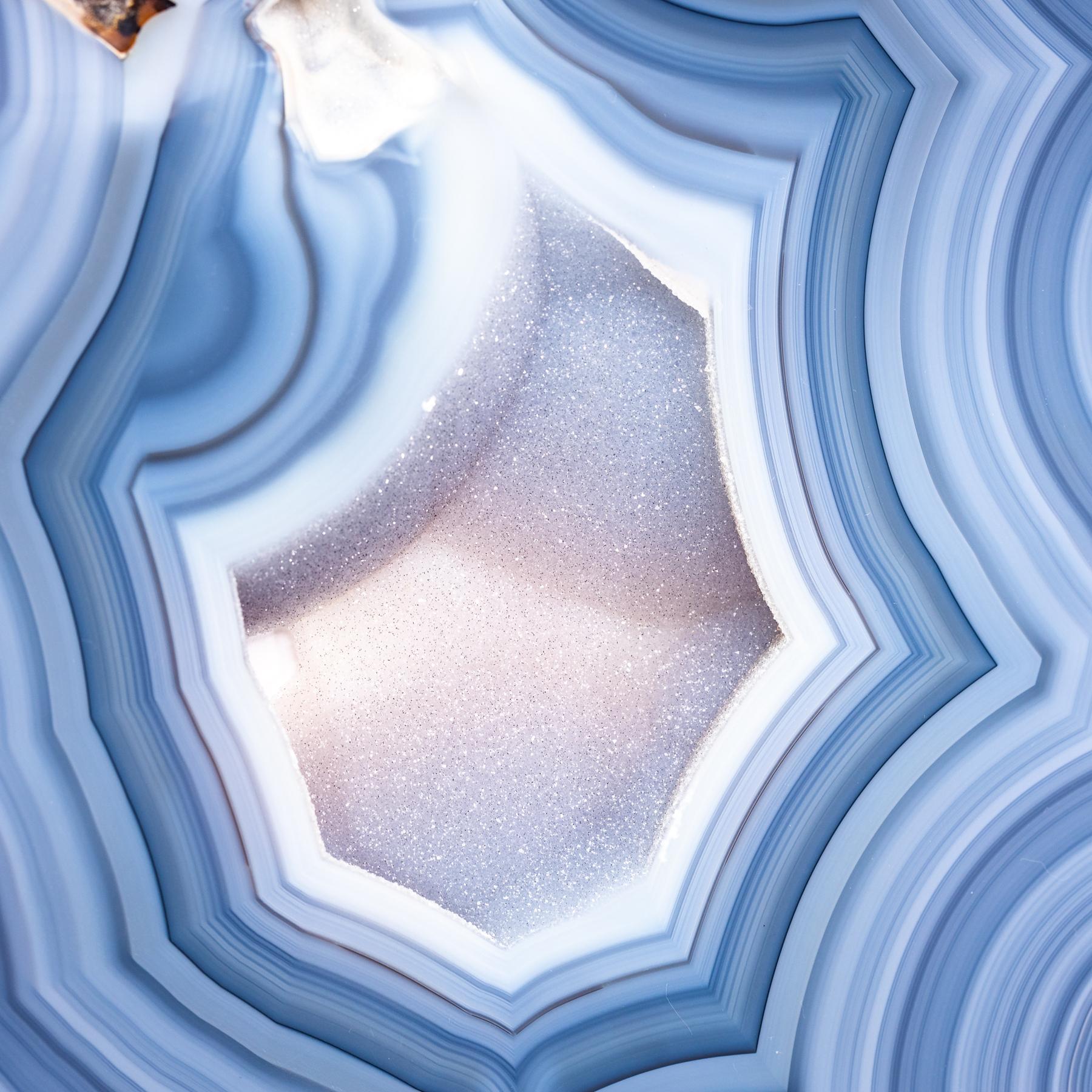 Mexican Blue Brazilian Circular Agate Slab with Crystals on a Custom Acrylic Stand