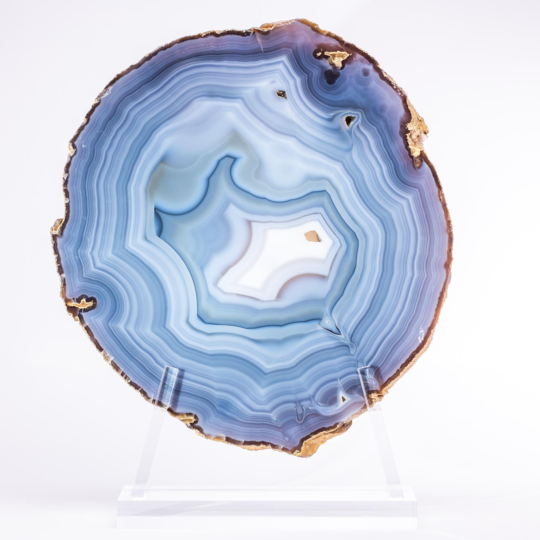 Polished Blue Brazilian Circular Agate Slab with Crystals on a Custom Acrylic Stand