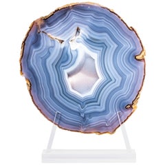 Blue Brazilian Circular Agate Slab with Crystals on a Custom Acrylic Stand