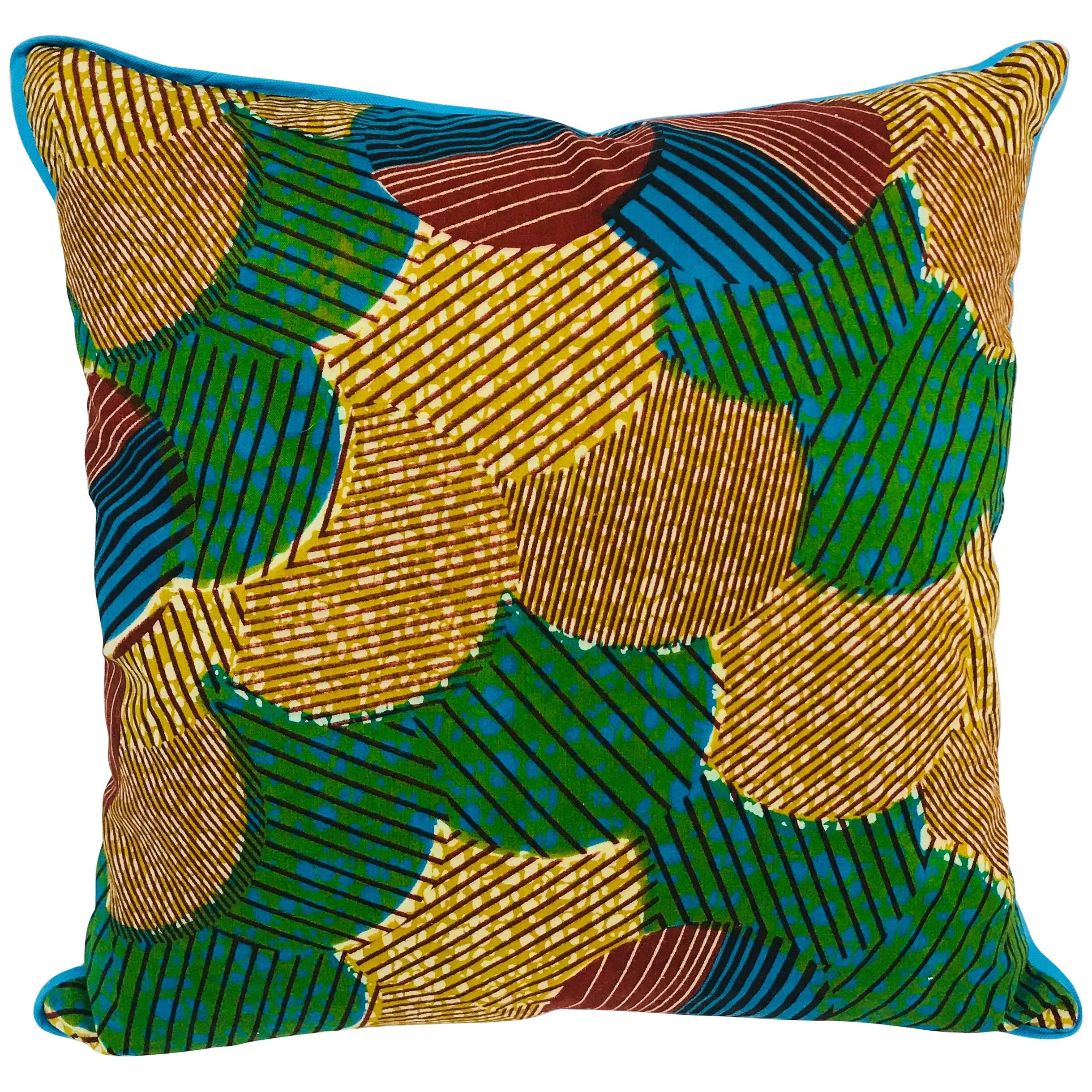 Blue/Brown and Blue-Backed African Wax Print Pillow For Sale