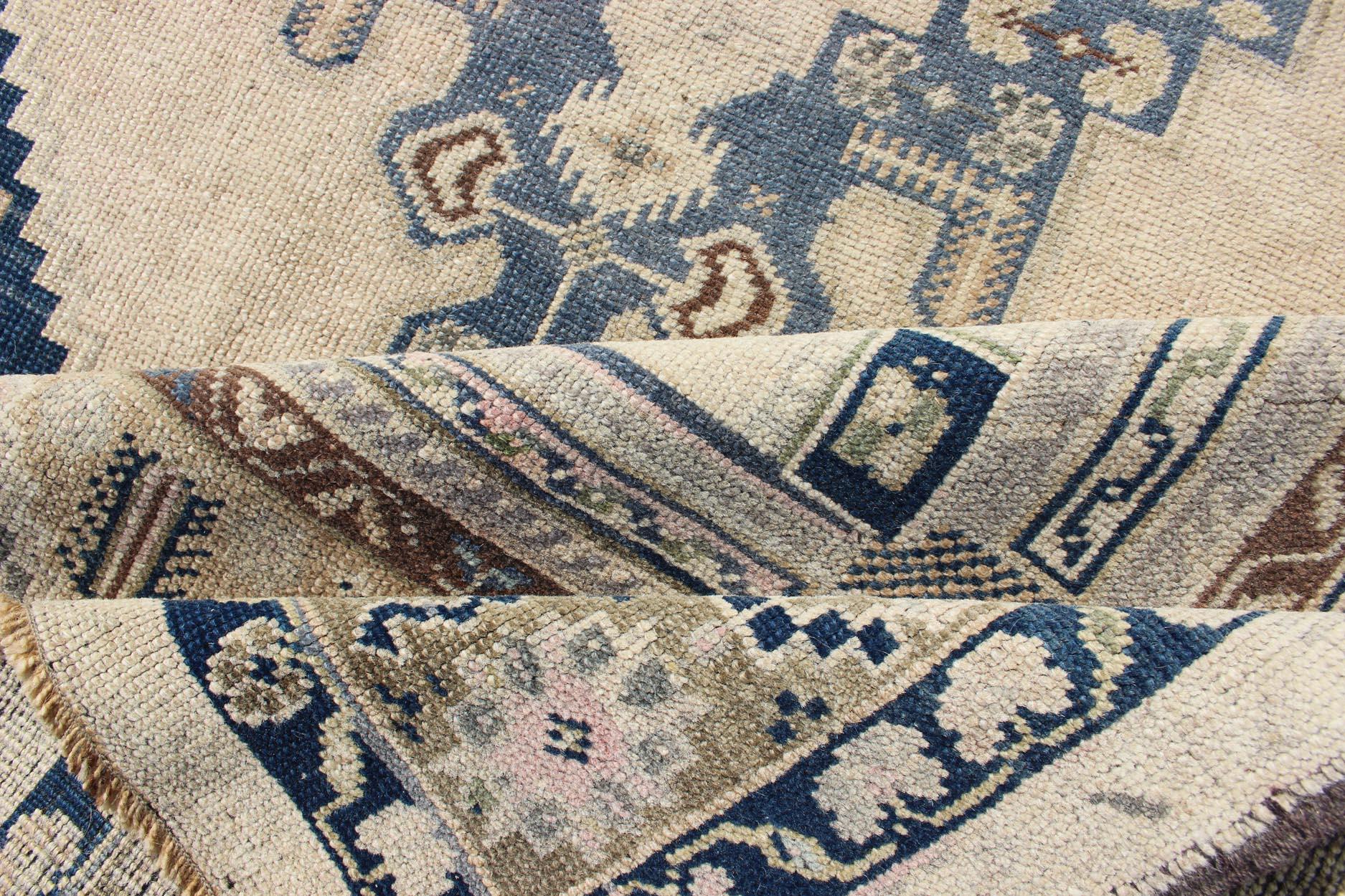 Hand-Knotted Blue, Brown, and Cream Turkish Oushak Rug Vintage with Medallion Design For Sale
