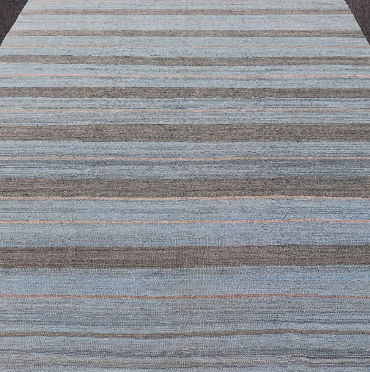 Blue, Brown and Grey Modern Striped Kilim Made in Afghanistan For Sale 4