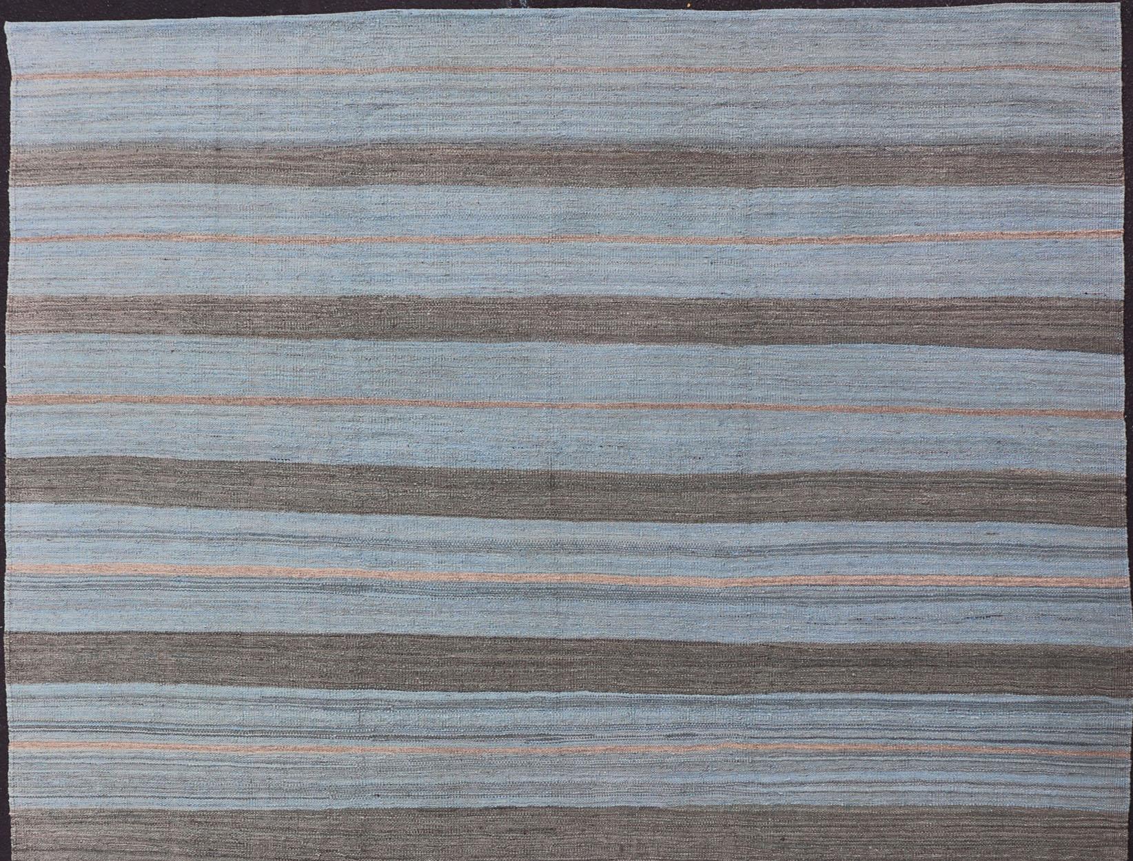 Hand-Woven Blue, Brown and Grey Modern Striped Kilim Made in Afghanistan For Sale