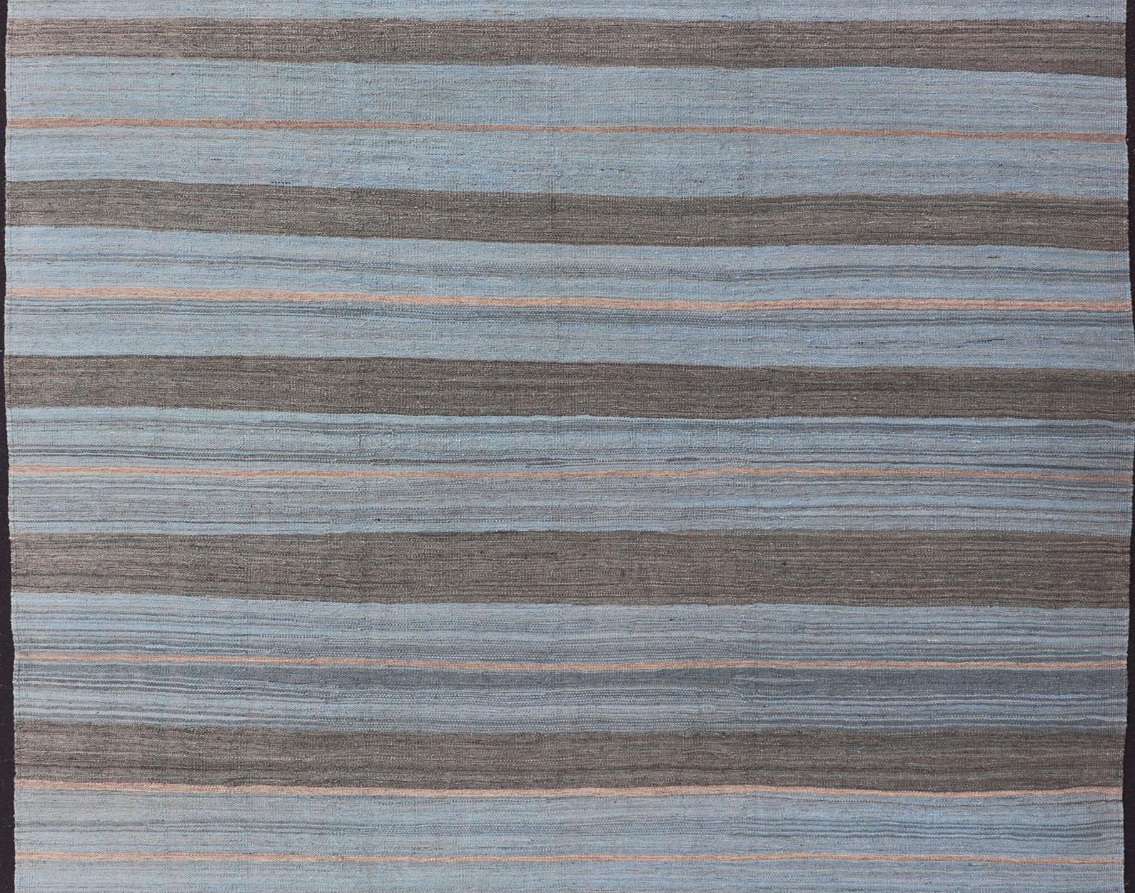 Blue, Brown and Grey Modern Striped Kilim Made in Afghanistan In New Condition For Sale In Atlanta, GA