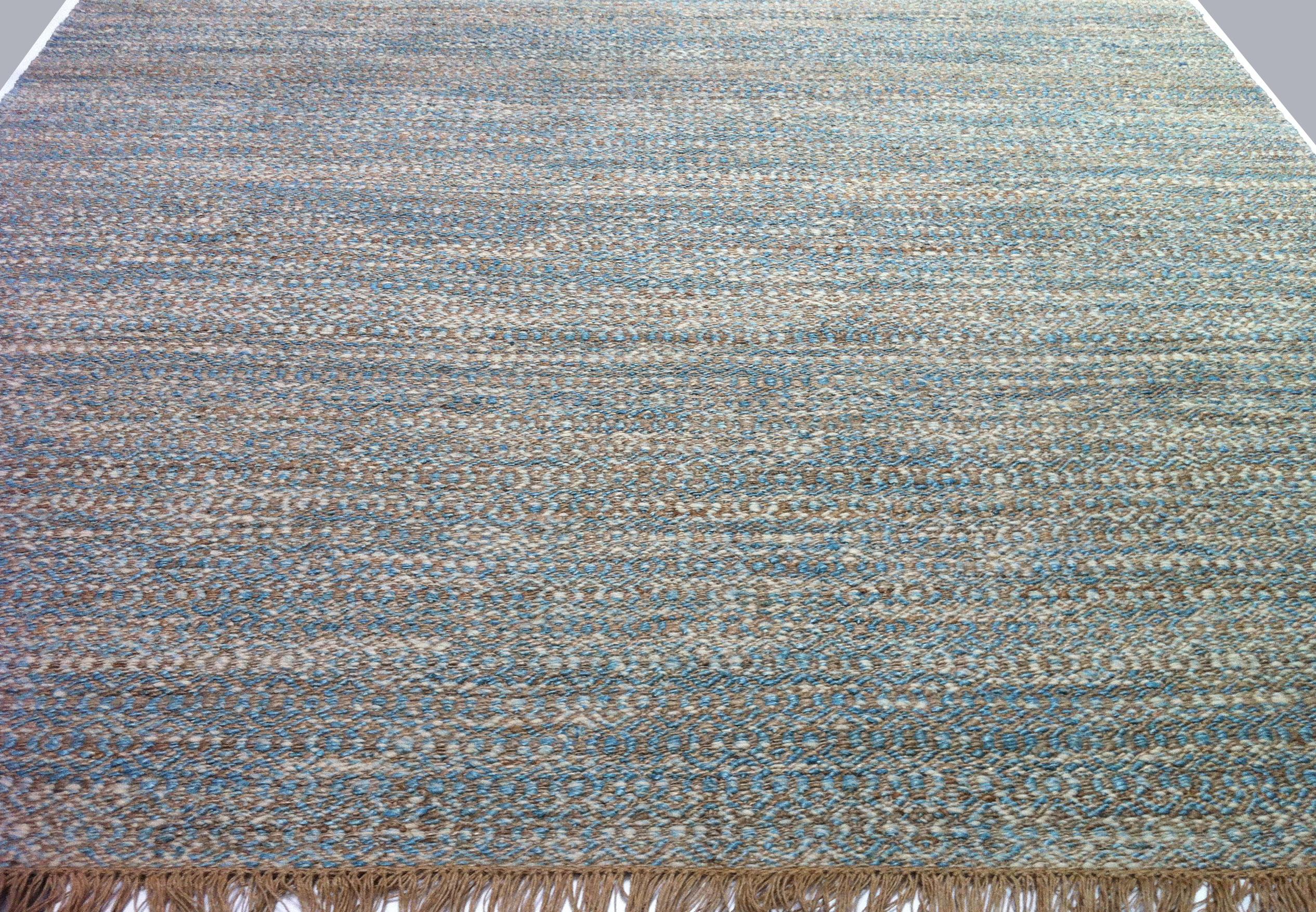Indian Blue, Brown and Ivory Contemporary Hemp Rug For Sale