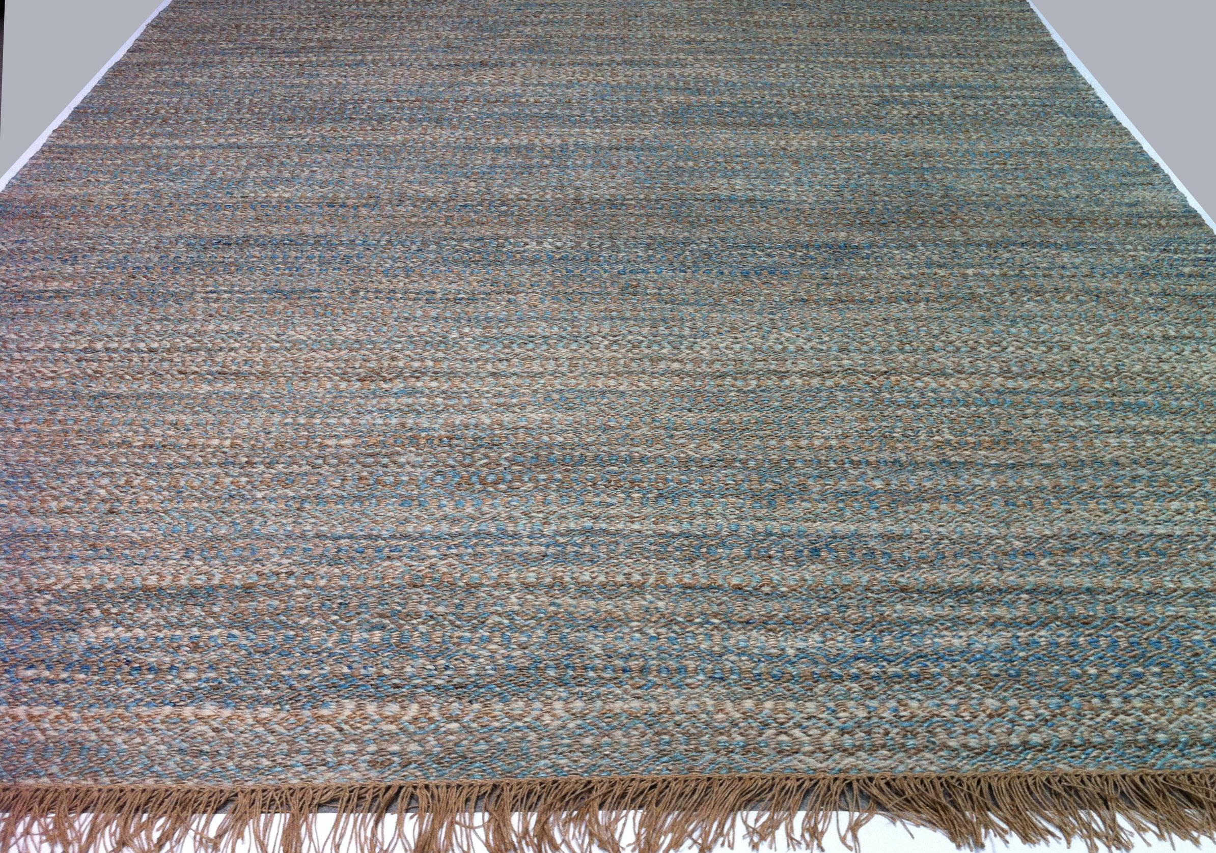 Hand-Knotted Blue, Brown and Ivory Contemporary Hemp Rug For Sale