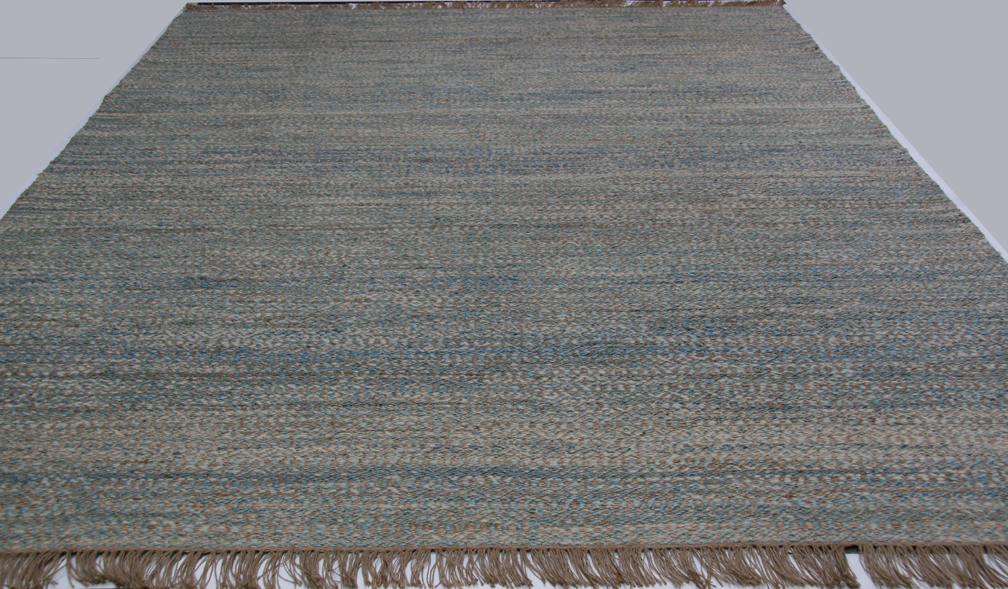 Hand-Knotted Blue, Brown and Ivory Contemporary Hemp Rug For Sale