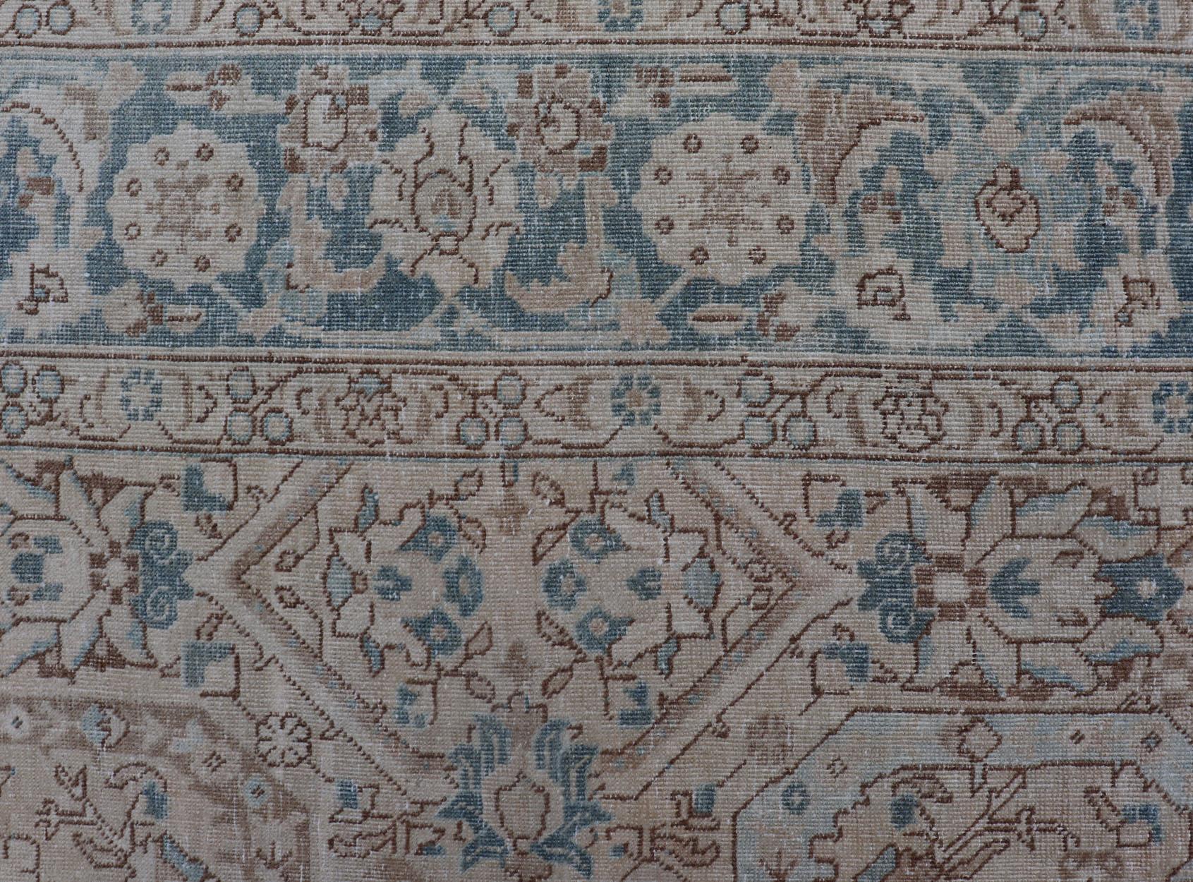 Blue, Brown and Tan Persian Antique Tabriz Rug with All-Over Geometric Design For Sale 4