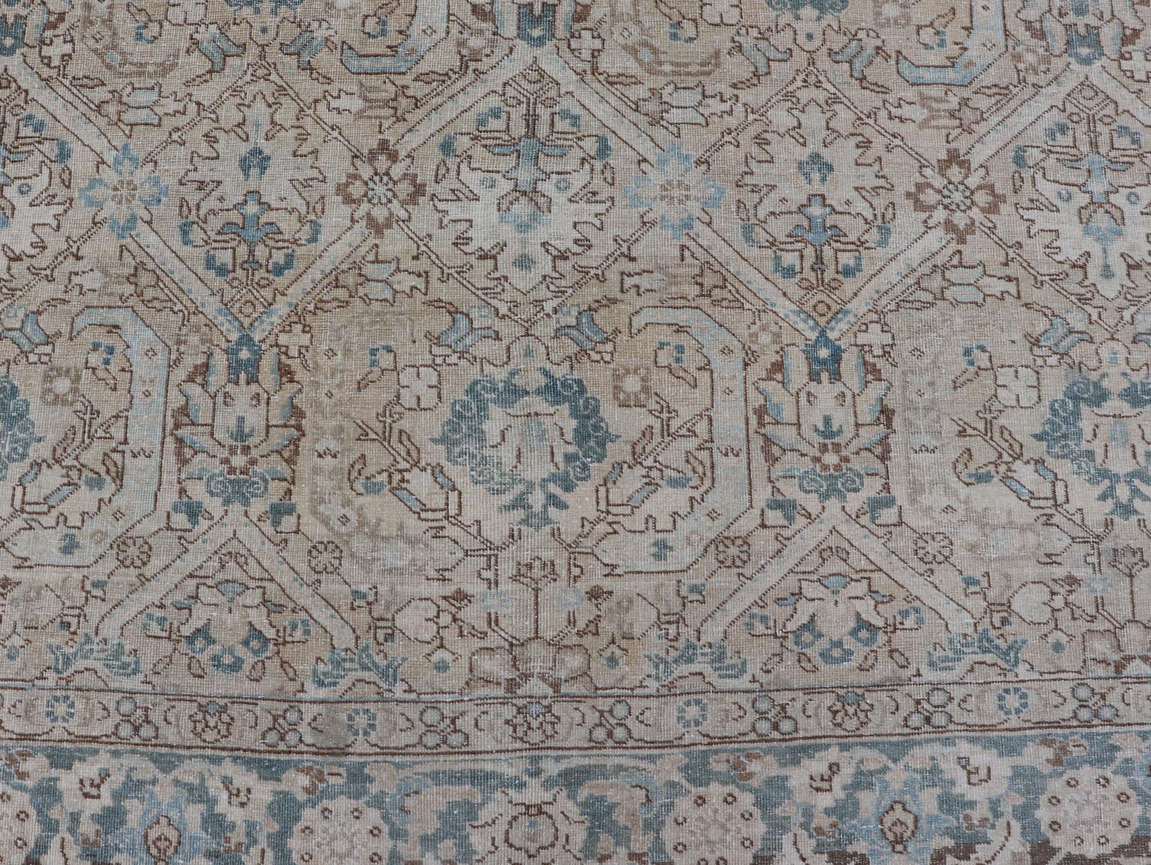 Blue, Brown and Tan Persian Antique Tabriz Rug with All-Over Geometric Design For Sale 5