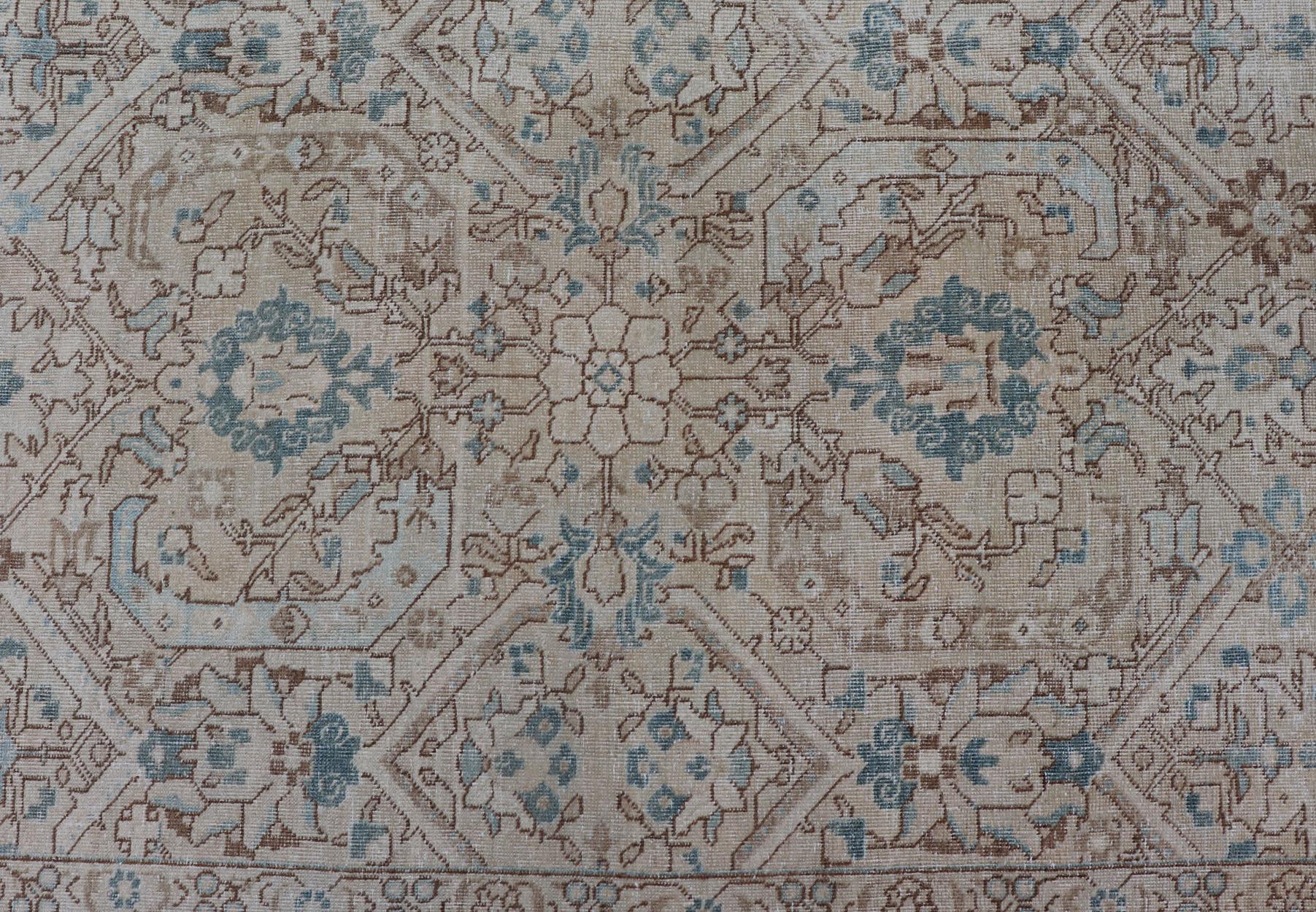 Blue, Brown and Tan Persian Antique Tabriz Rug with All-Over Geometric Design For Sale 6