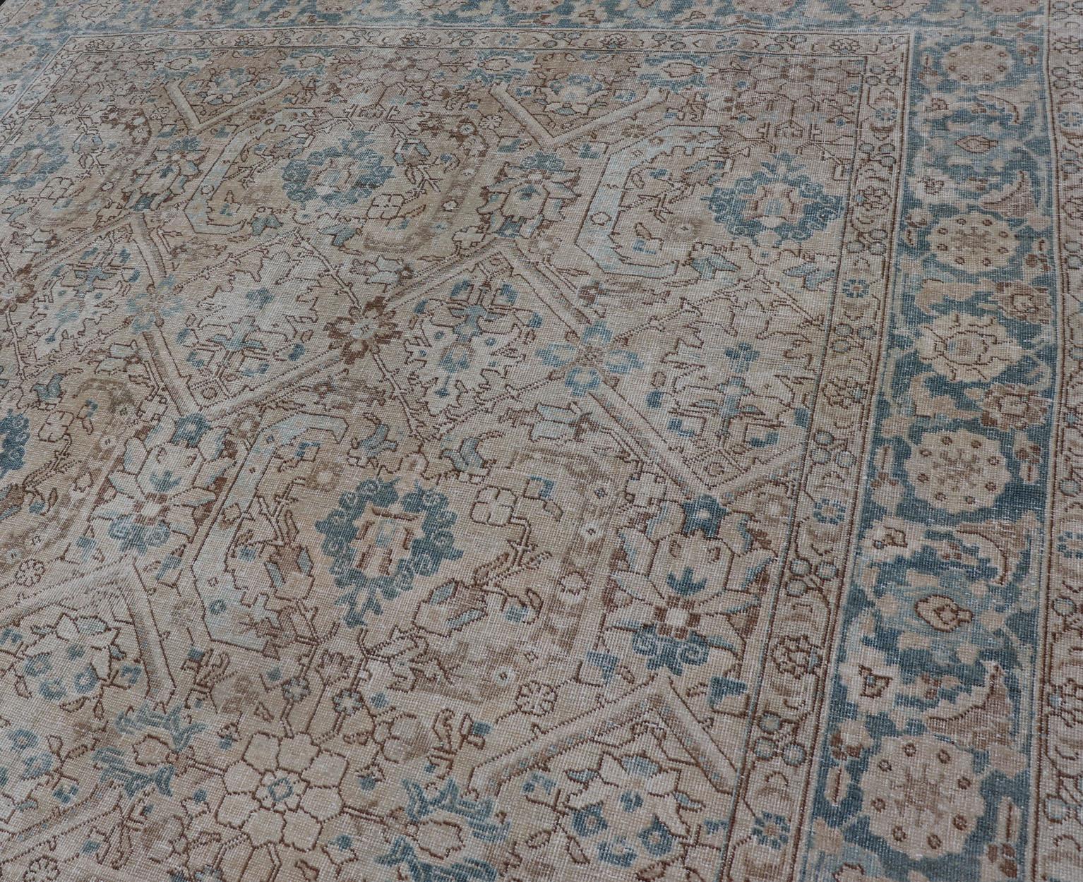 Blue, Brown and Tan Persian Antique Tabriz Rug with All-Over Geometric Design For Sale 7
