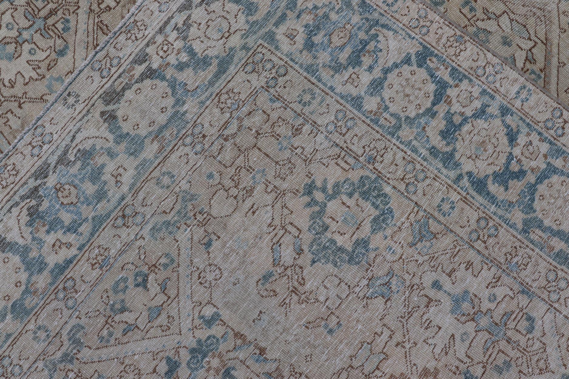 Blue, Brown and Tan Persian Antique Tabriz Rug with All-Over Geometric Design For Sale 9
