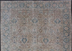 Tappeto Tabriz antico persiano blu, marrone e marrone con disegno geometrico all-over