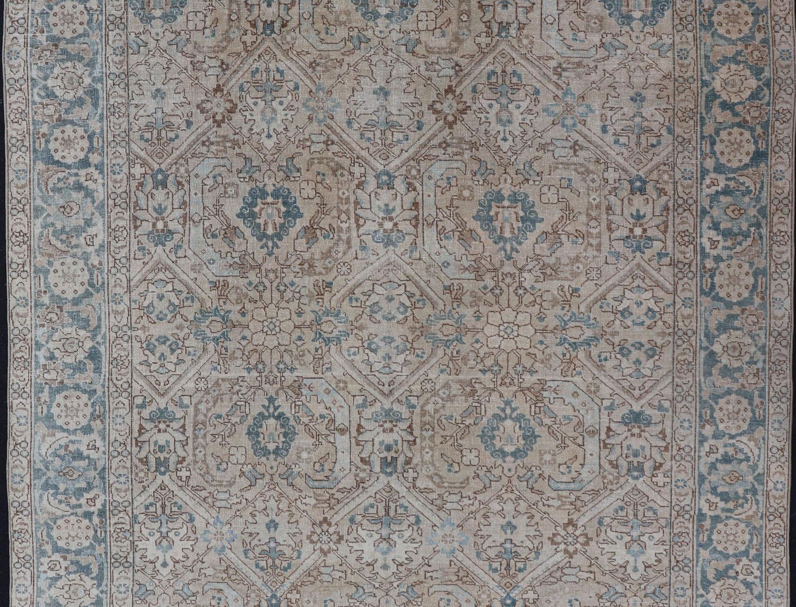 Hand-Knotted Blue, Brown and Tan Persian Antique Tabriz Rug with All-Over Geometric Design For Sale
