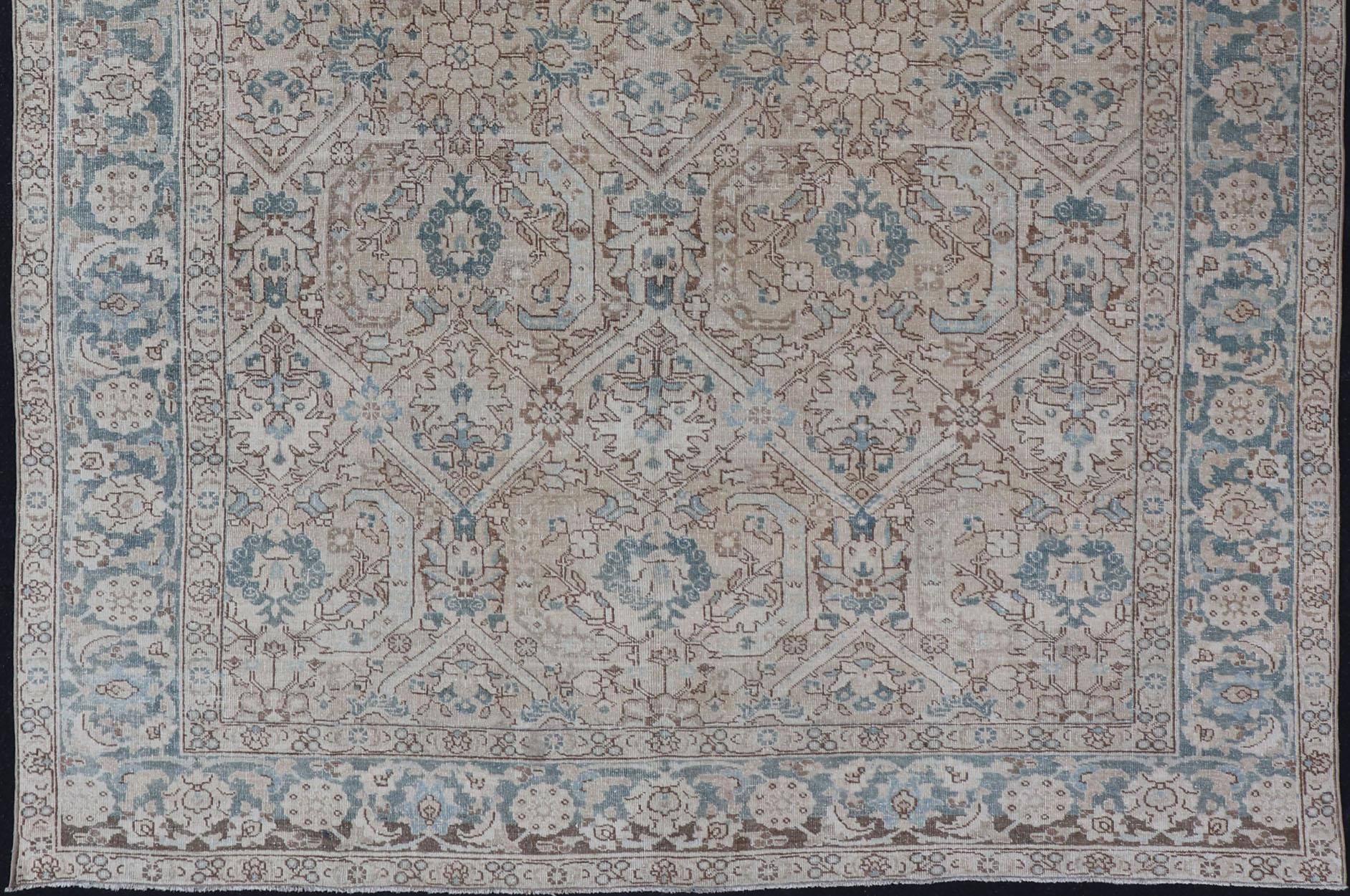 Blue, Brown and Tan Persian Antique Tabriz Rug with All-Over Geometric Design In Distressed Condition For Sale In Atlanta, GA