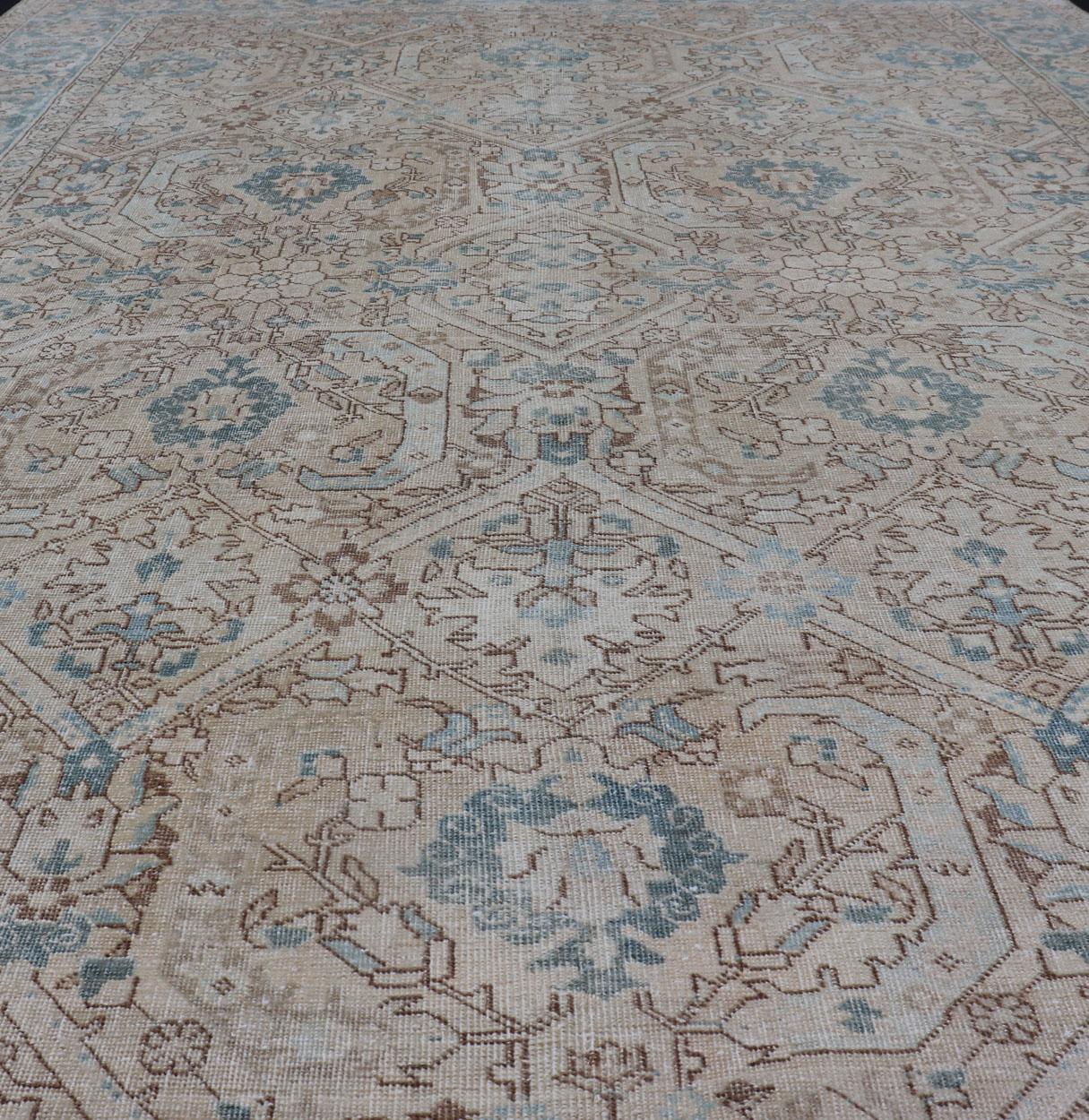 Blue, Brown and Tan Persian Antique Tabriz Rug with All-Over Geometric Design For Sale 1