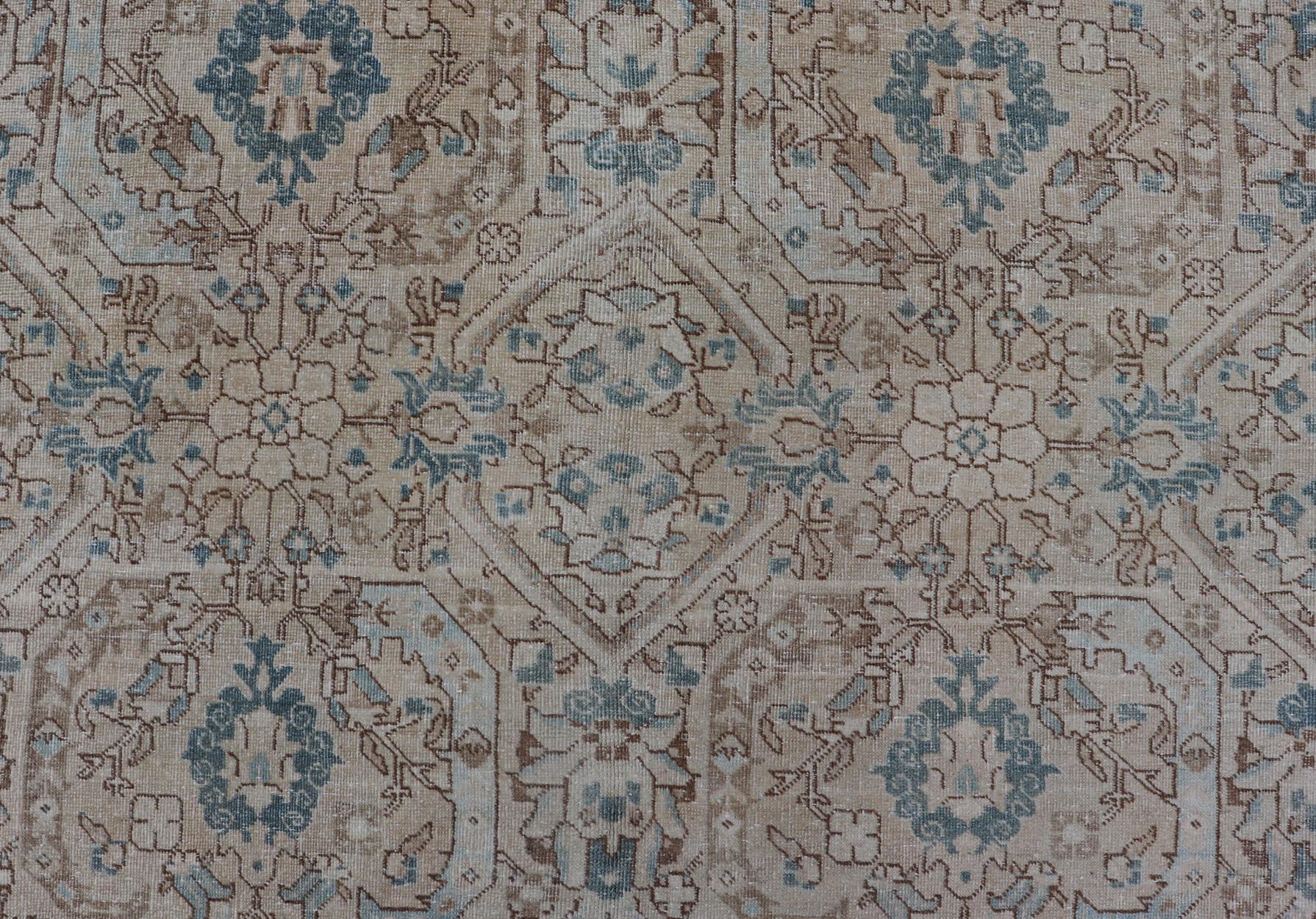 Blue, Brown and Tan Persian Antique Tabriz Rug with All-Over Geometric Design For Sale 2